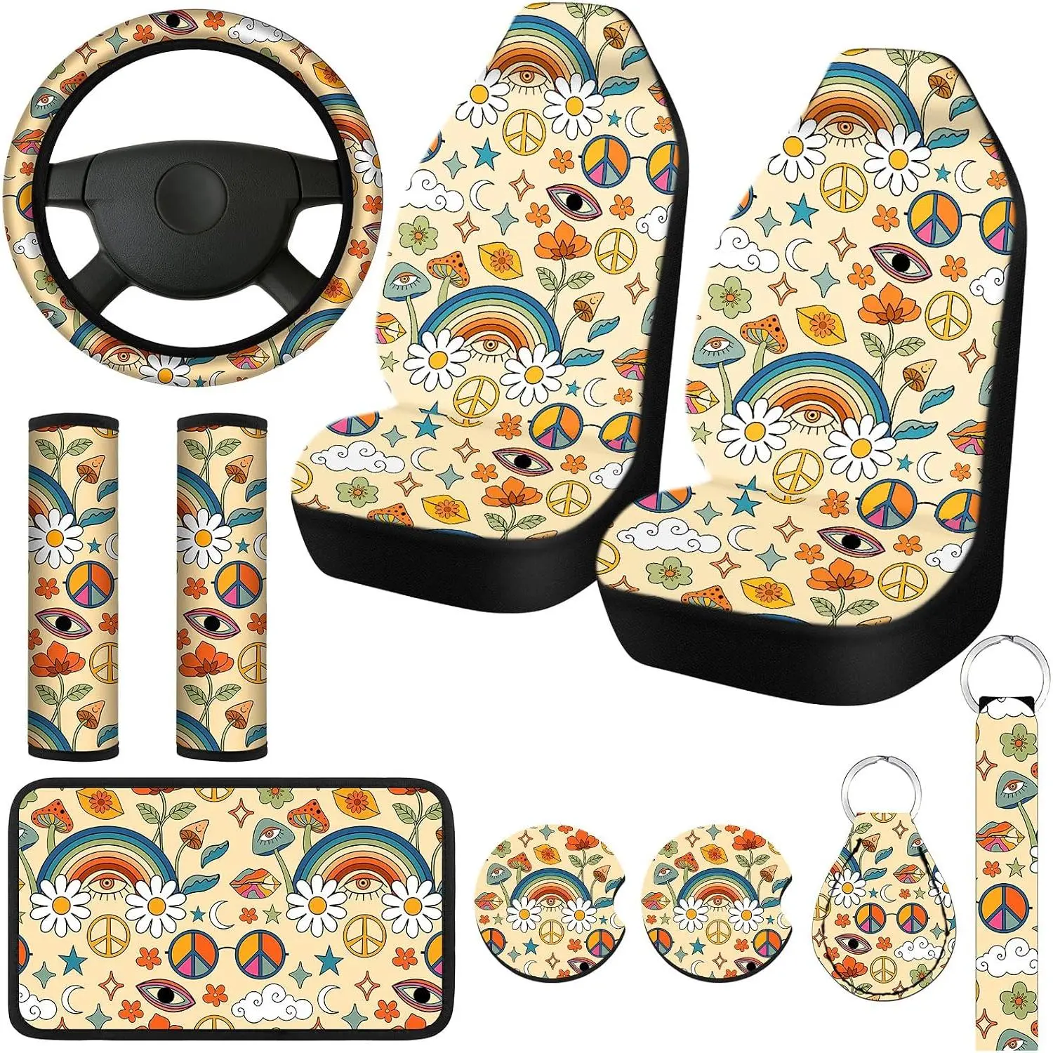 10 Pcs Moon Star Car Seat Covers Full Set Car Accessories for Women Front Seat Cover Steering Wheel Armrest Cover Belt Cover Cup Holder for Auto SUV Interior Decoration(Daisy)