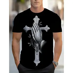 Men's sports crew neck T-shirt with cross and prayer hand print, mini stretch fabric, short sleeves, black. Suitable for sports and fitness, wear in the gym.