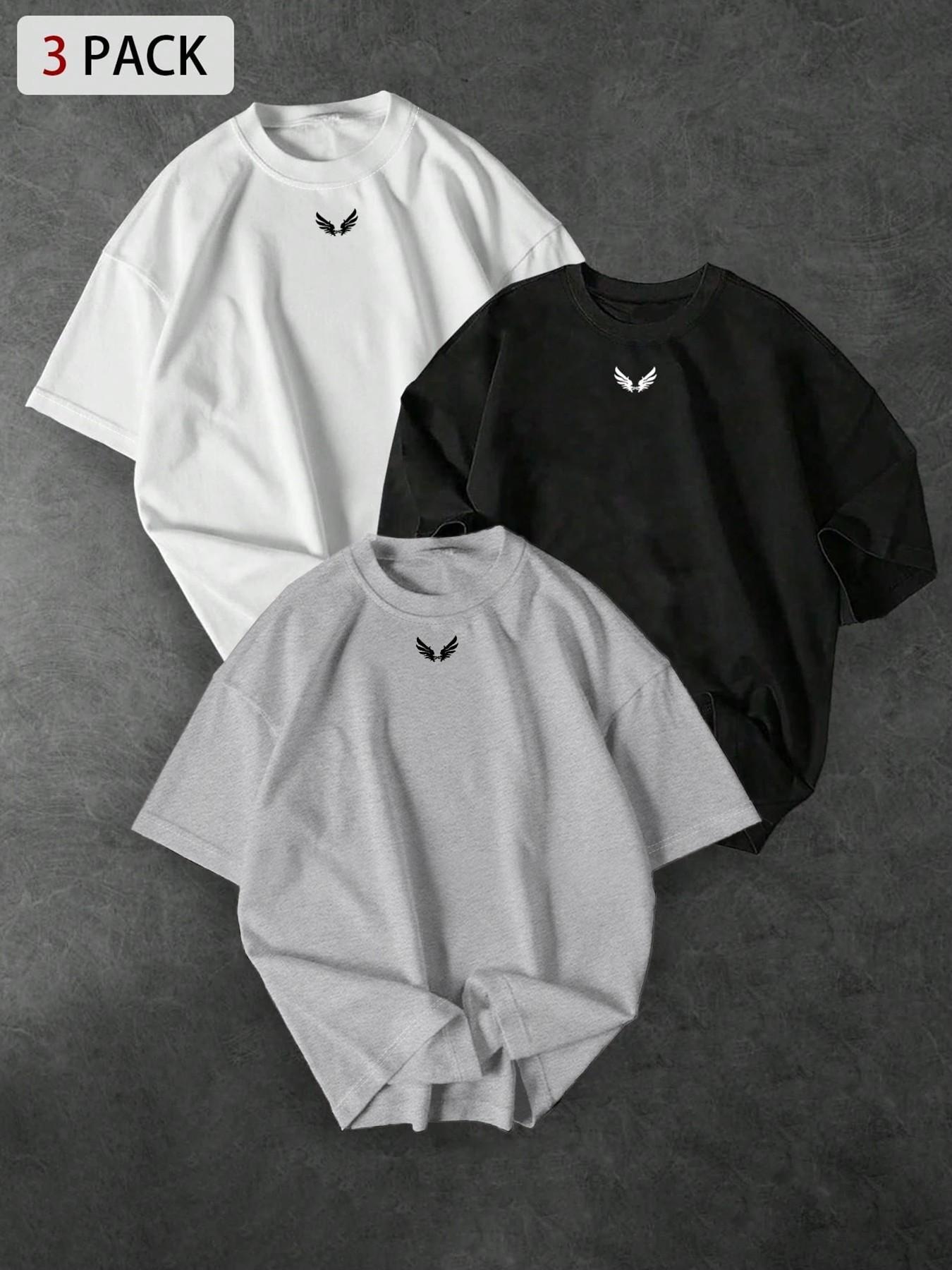 3-Pack Unisex Oversized T-Shirts with Small Dumbbell Chest Print, Minimalist Streetwear for Gym Enthusiasts and Casual Everyday Wear