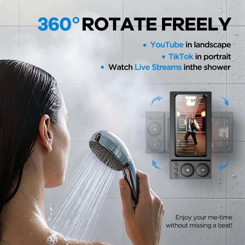 Waterproof box speaker, bathroom waterproof 360 ° rotating touch screen, Bluetooth speaker, watch movies, listen to music, phone holder Bluetooth speaker audio shower TV holder, swimming pool, kitchen, bathroom, sink