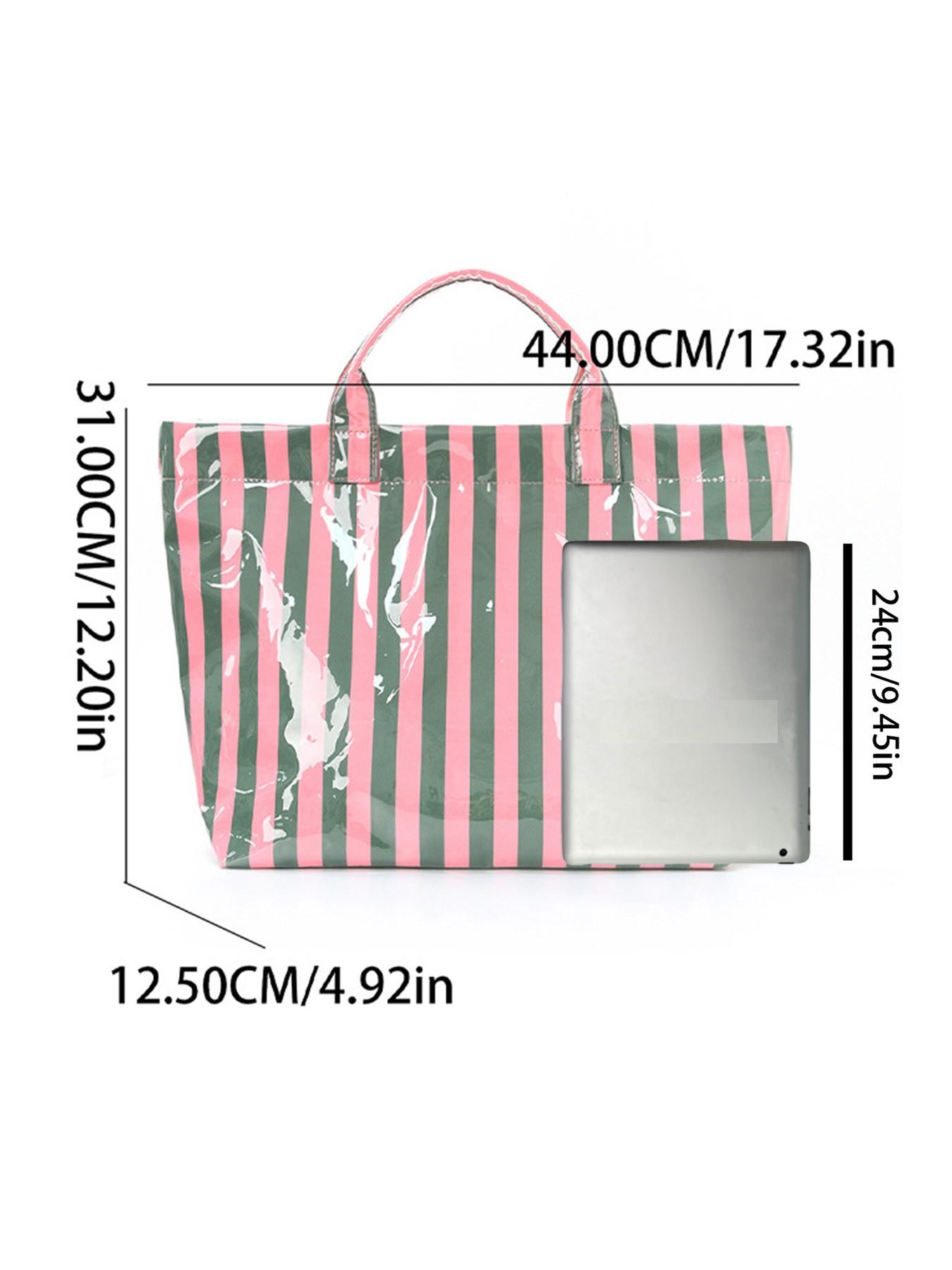 2026 New Striped Handbag Tote Bag, Large Capacity Shopping Bag, PVC Waterproof Fabric, Velcro Closure, Ideal for Daily Commute, Beach Vacation, Travel