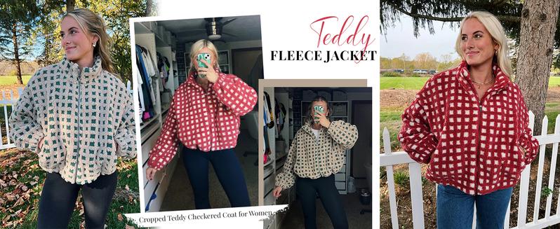 JovenPara Women's Winter Sherpa Fleece Jacket Long Sleeve Zip Up Checkered Fuzzy Cropped Coats Warm Outwear with Pockets Casual Winter Outerwear Womenswear