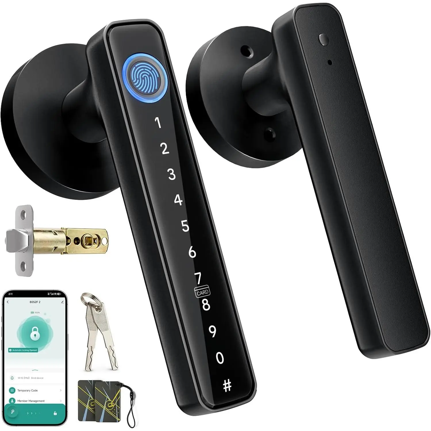 Smart Fingerprint Door Lock with Keypad, Keyless Entry Door Knob with Handle, Biometric Door Lock for Bedroom/Front Door/Apartment, APP Remote Control Black
