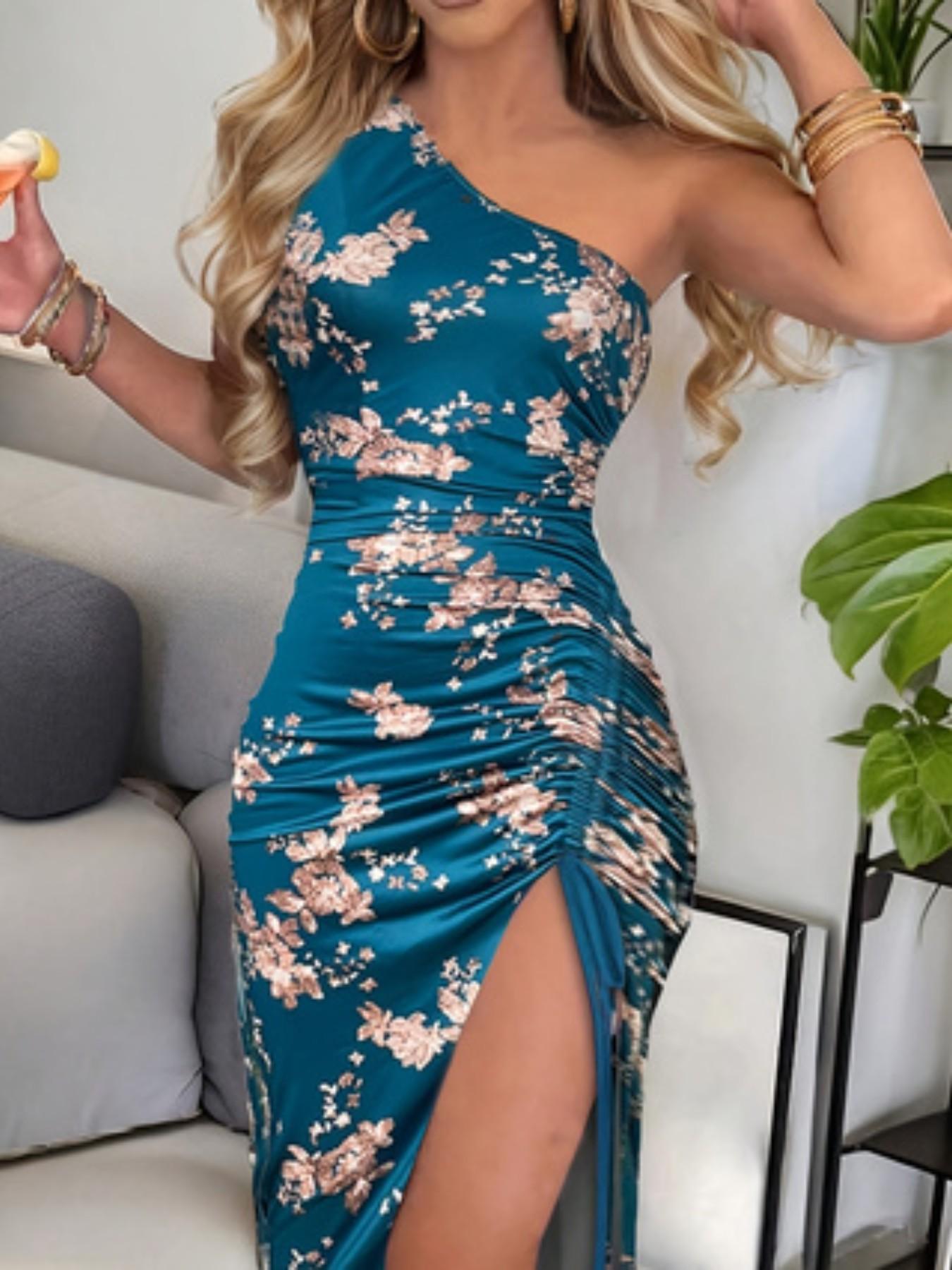 Sexy Chic Floral Print Drawstring Dress, High Slit Bodycon Asymmetrical Neckline, Sleeveless Long Dress for Women, Elegant Evening Wear, Bodycon Party Gown, Evening Glam Gown