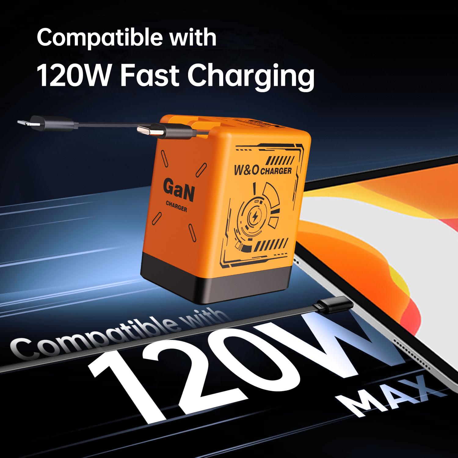 W&O 2 in 1 GaN Charger 80W MAX Fast Charger Folding Charging ortable Yellow Charging Block 2-Port Fast Compact GaN Charger