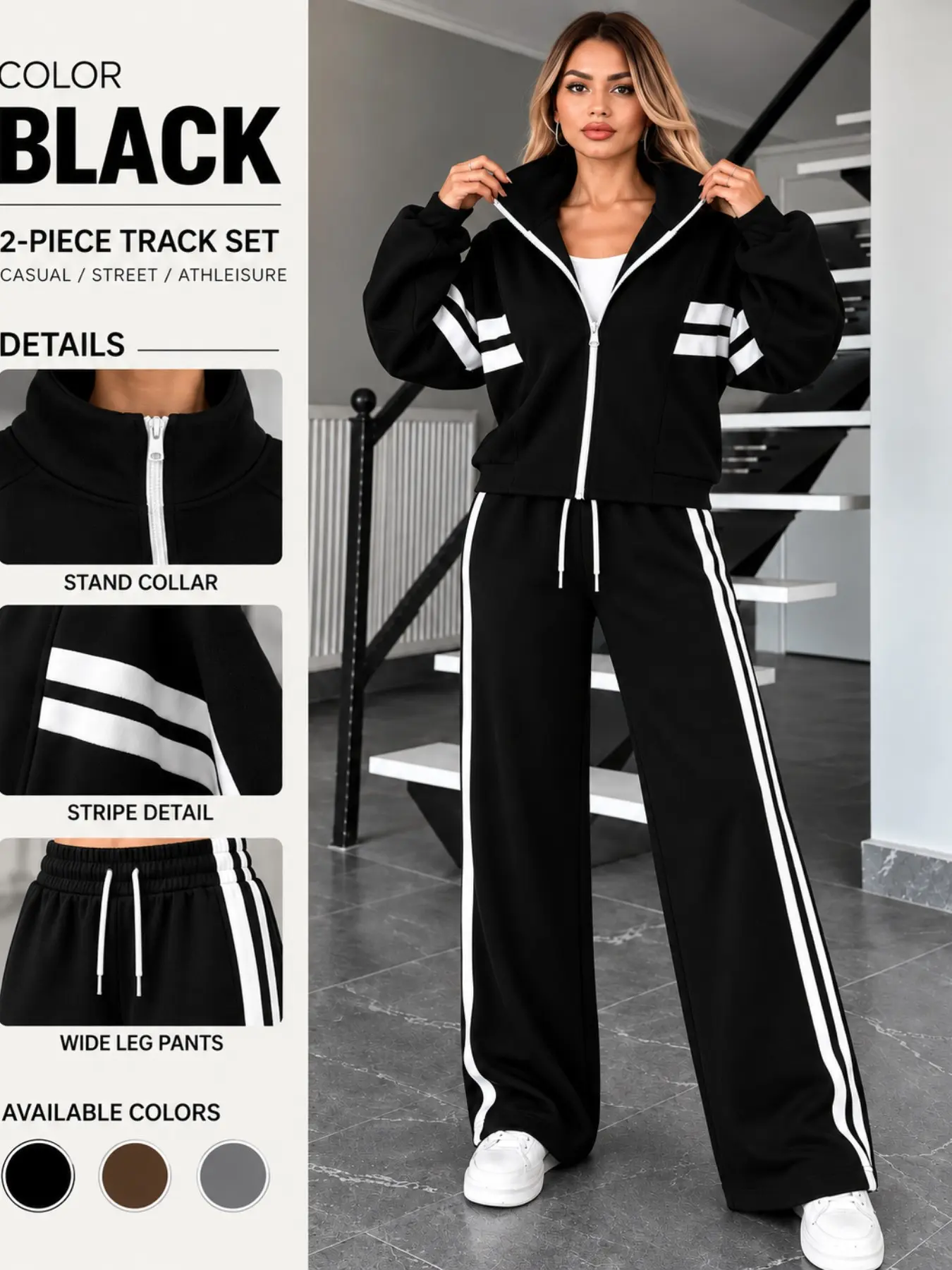 Women's 2-Piece Sporty Casual Set, Soft Comfortable Fabric, Loose Wide Leg Design, Short Hooded Zipper Jacket, High Waist Pants, Fall Winter Fashion