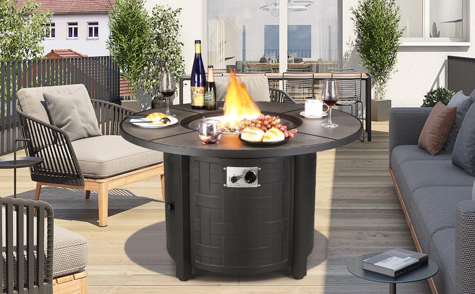 42-Inch Propane Fire Pit Table - 50,000 BTU with Auto-Ignition, Round Gas Fire Pit for Outdoor Patios, Includes Waterproof Cover, Blue Stone Finish and Lid - CSA Certified，Ideal for party