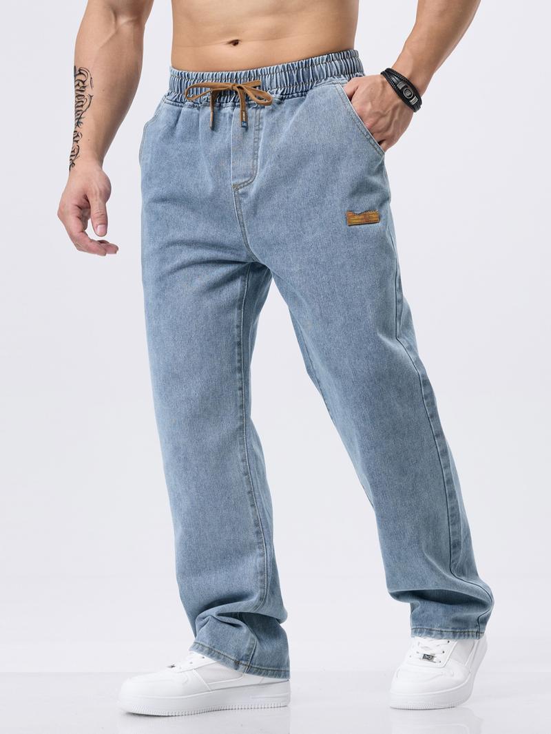 Men's Regular Fit Patched Drawstring Waist Jeans, Casual Comfy Denim Pants for Daily Wear, Bottoms for All Seasons Men's Regular Fit Patched Drawstring Waist Jeans, Casual Comfy Denim Pants for Daily Wear, Bottoms for All Seasons