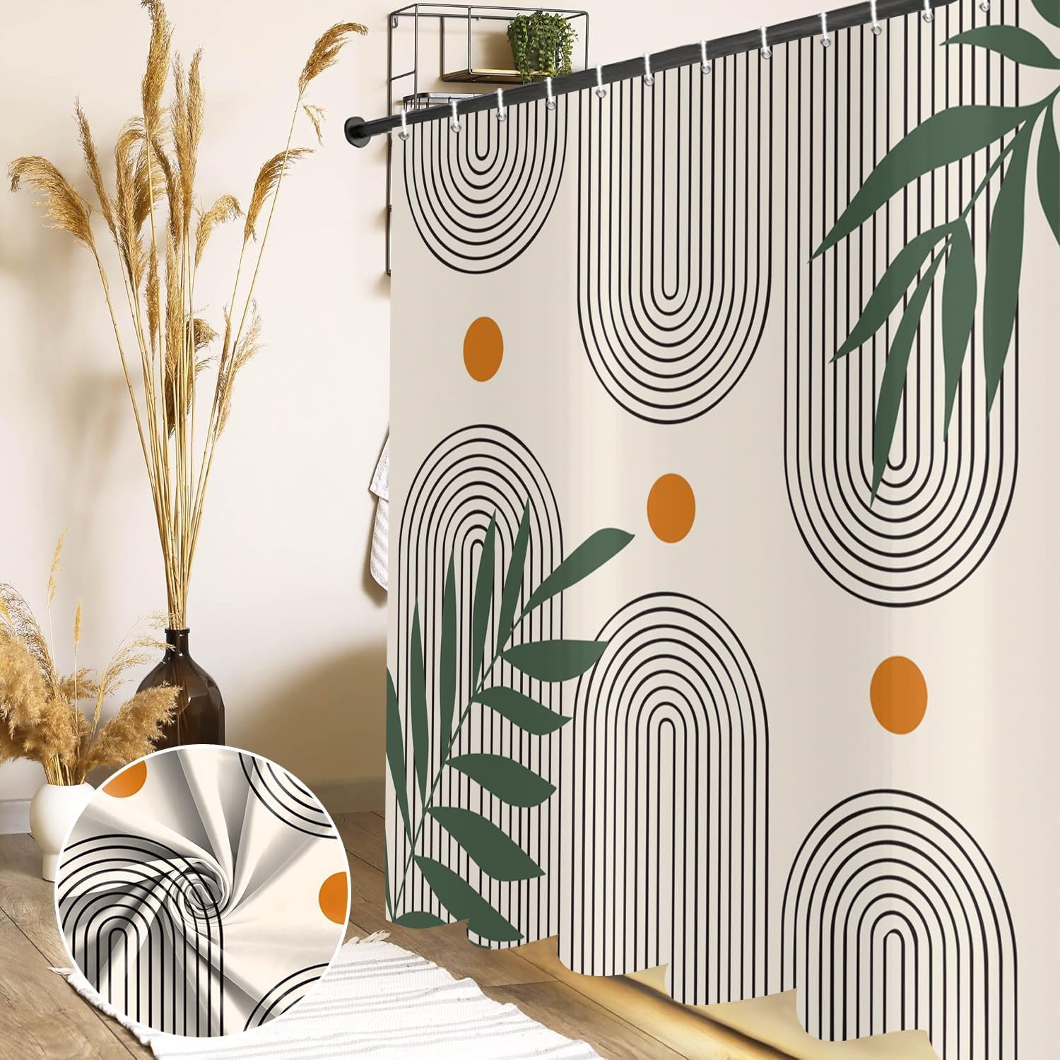 Boho Shower Curtain, Modern Abstract Arch Bathroom Curtain Minimalist Geometric Green Leaves for Home Decor Waterproof Fabric with Hooks, 72x72 Inch