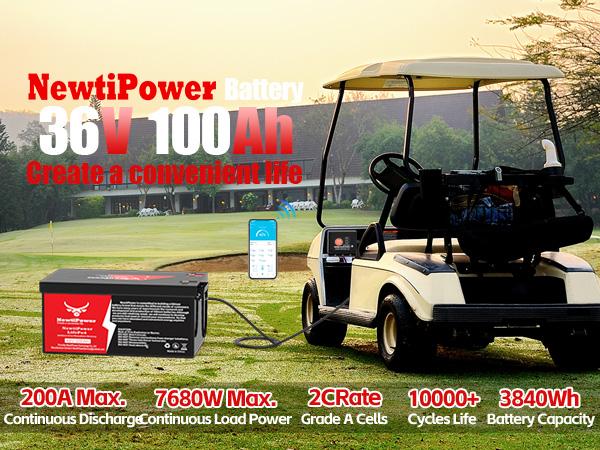 36V 100Ah Golf Cart LiFePO4 Battery with APP & Chager & Monitor, 7.6KW Continuous Power Lithium Battery with 200A BMS, Up to 10000+ Rechargeable Cycles, Perfect for golf cart