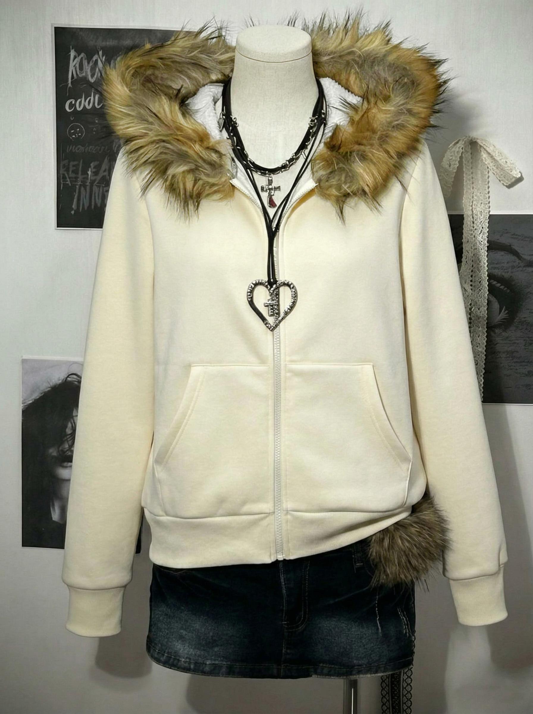 Y2K Gothic Black Faux Fur Hooded Solid Zip-Up Hoodie | Versatile