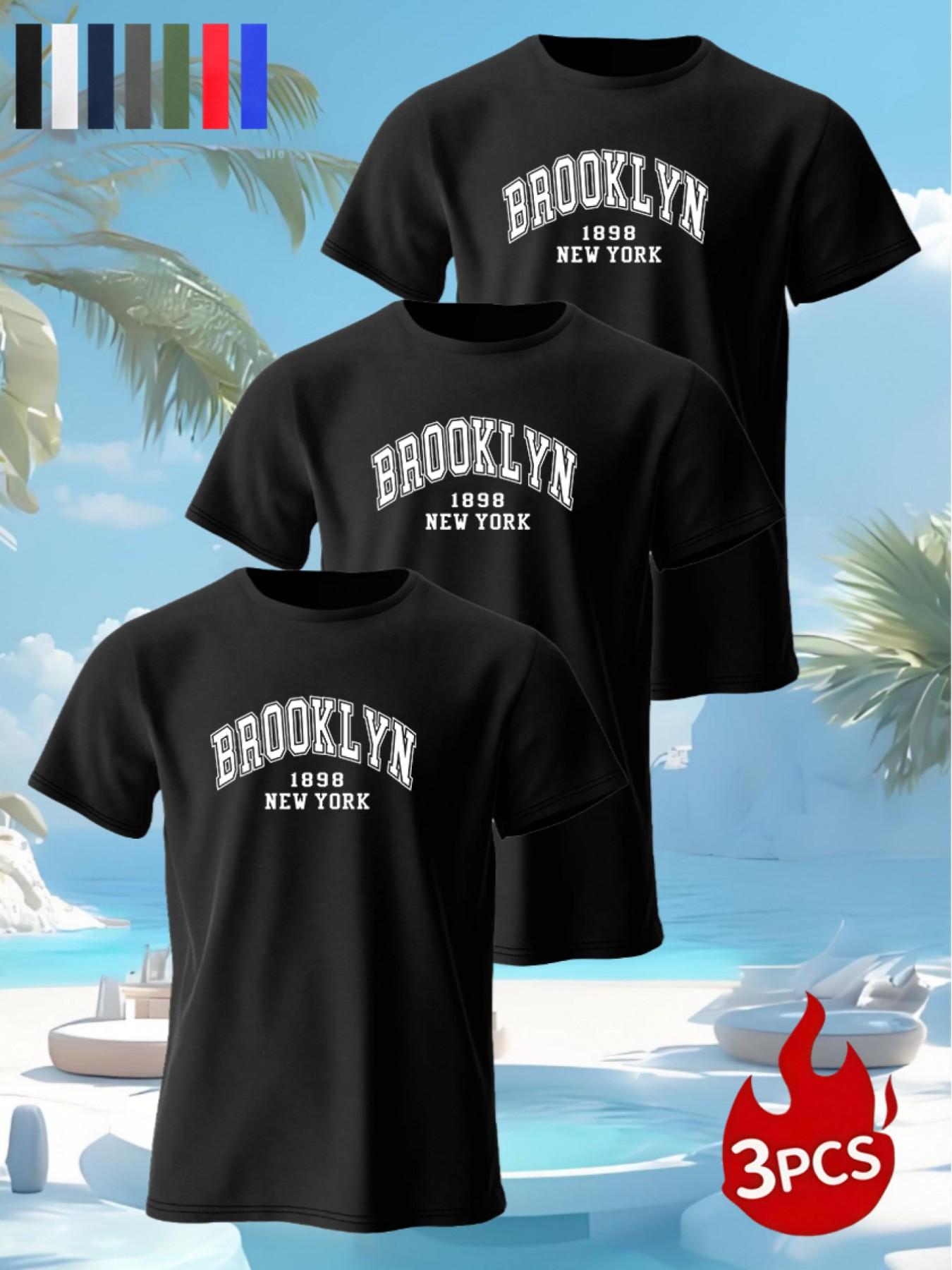 Men's Summer Short Sleeve T-Shirt, Comfortable Breathable Round Neck, New York Print, Casual Sporty Style, Multi-Color Options