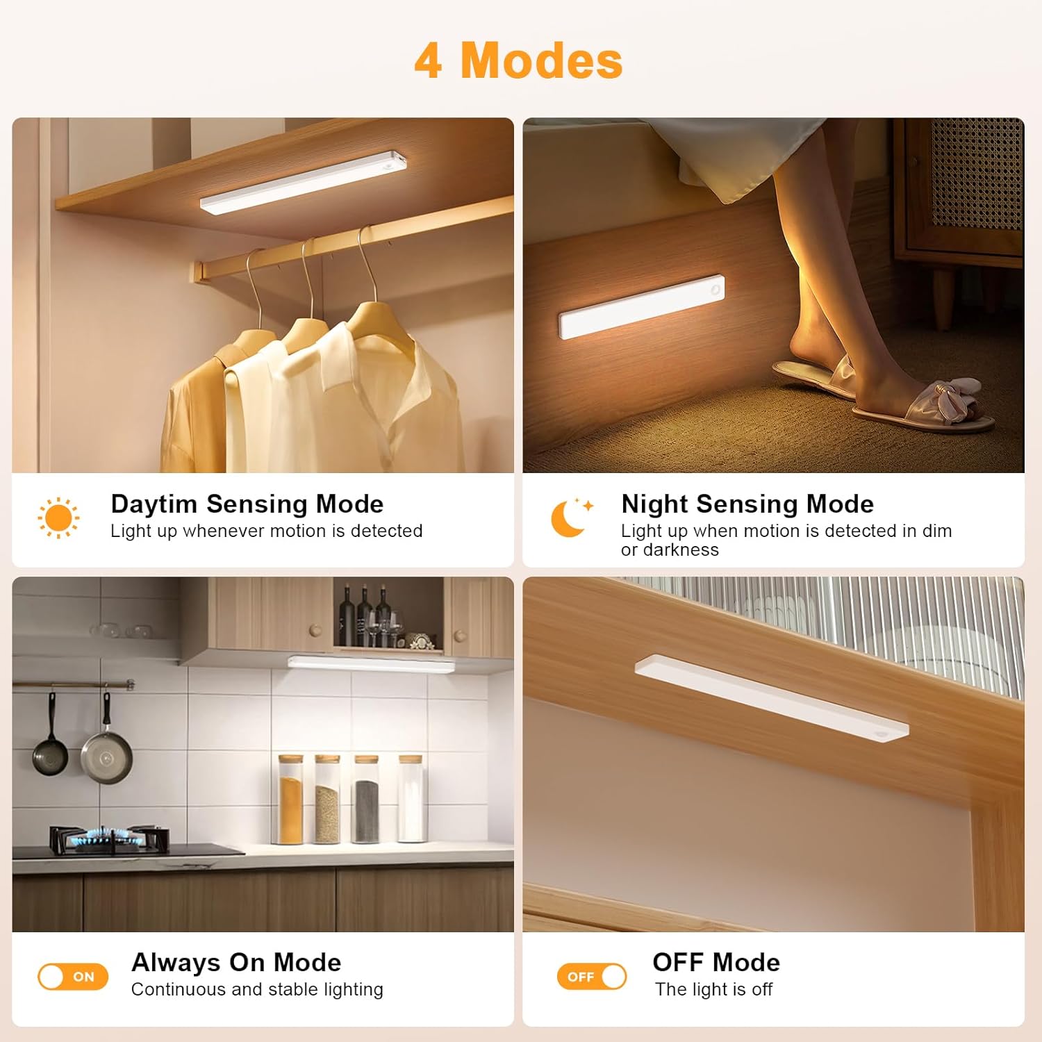 Under Cabinet Lighting, Motion Sensor Light Indoor, USB Rechargeable Battery Operated with Magnetic Closet, Kitchen, Counter, Motion-Activated Auto Shut-Off, Eye-Care Gradual Brightness (2/4-Pack)