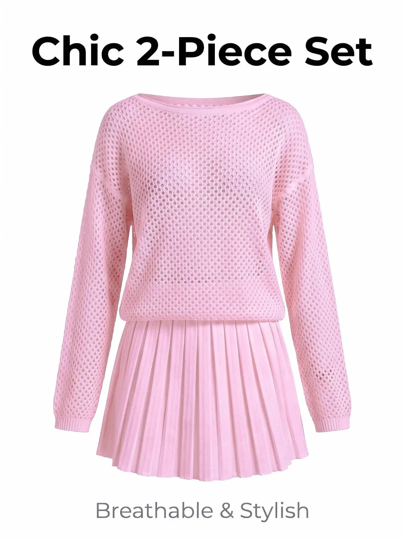 Women's Knit Set Loose Sweater + Pleated Skirt Two-Piece, Fall Winter Casual, Mesh Long Sleeve Top with Pleated Skirt