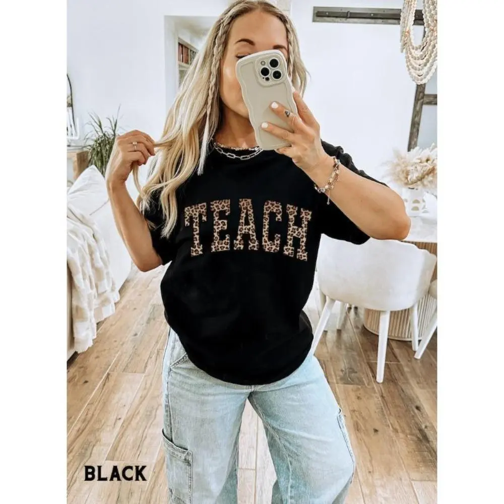 Teacher Shirt, Leopard Teach Tee, Animal Print Varsity Letters Teacher TShirts, Teacher Appreciation Gifts, Graduation Gift for Teacher，tee
