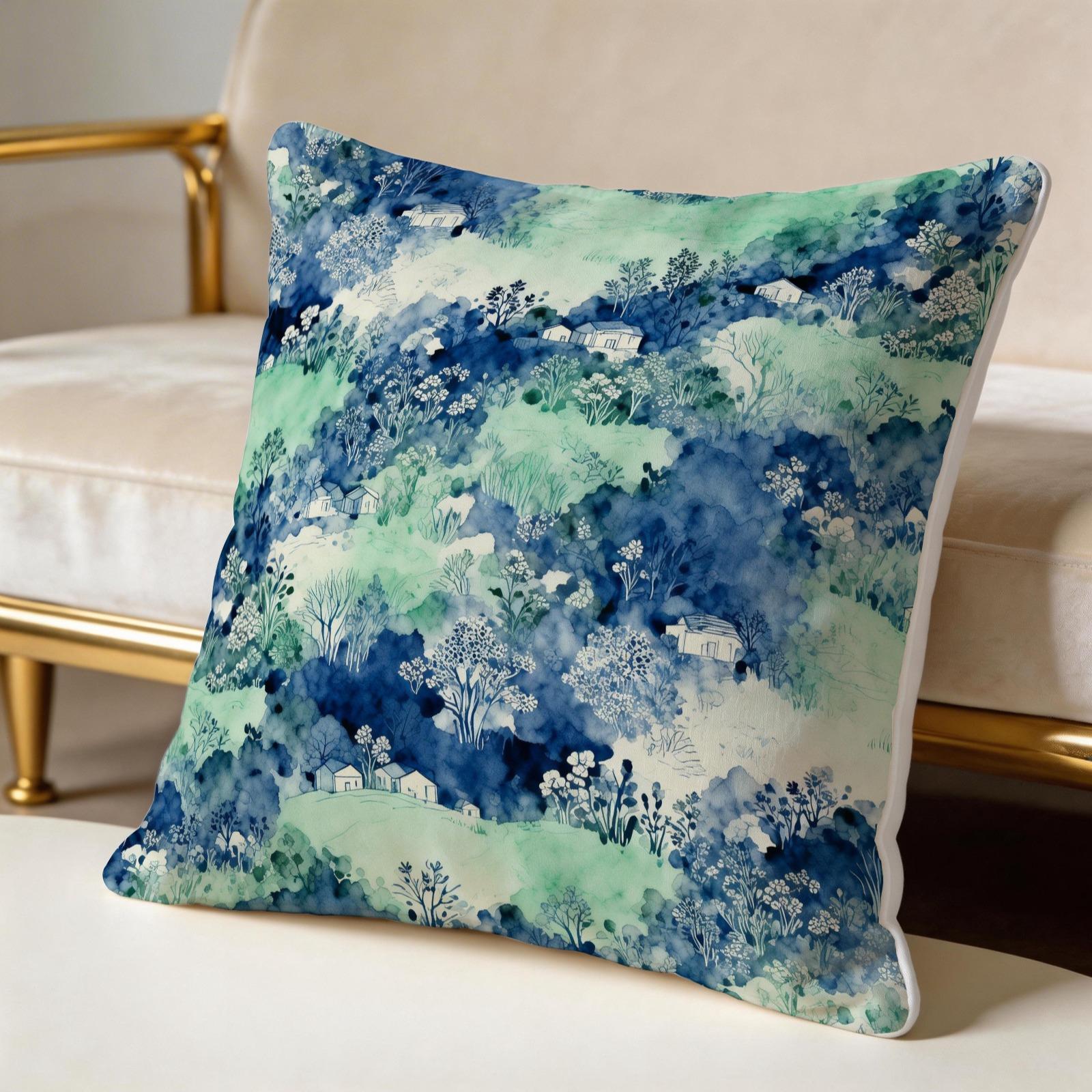 1 Piece Watercolor Landscape Checkered Throw Pillow, HD Digital Printed Cushion, Soft Cozy Accent Pillow for Sofa, Chair and Bedroom Decor with Invisible Zipper, Non-Fading