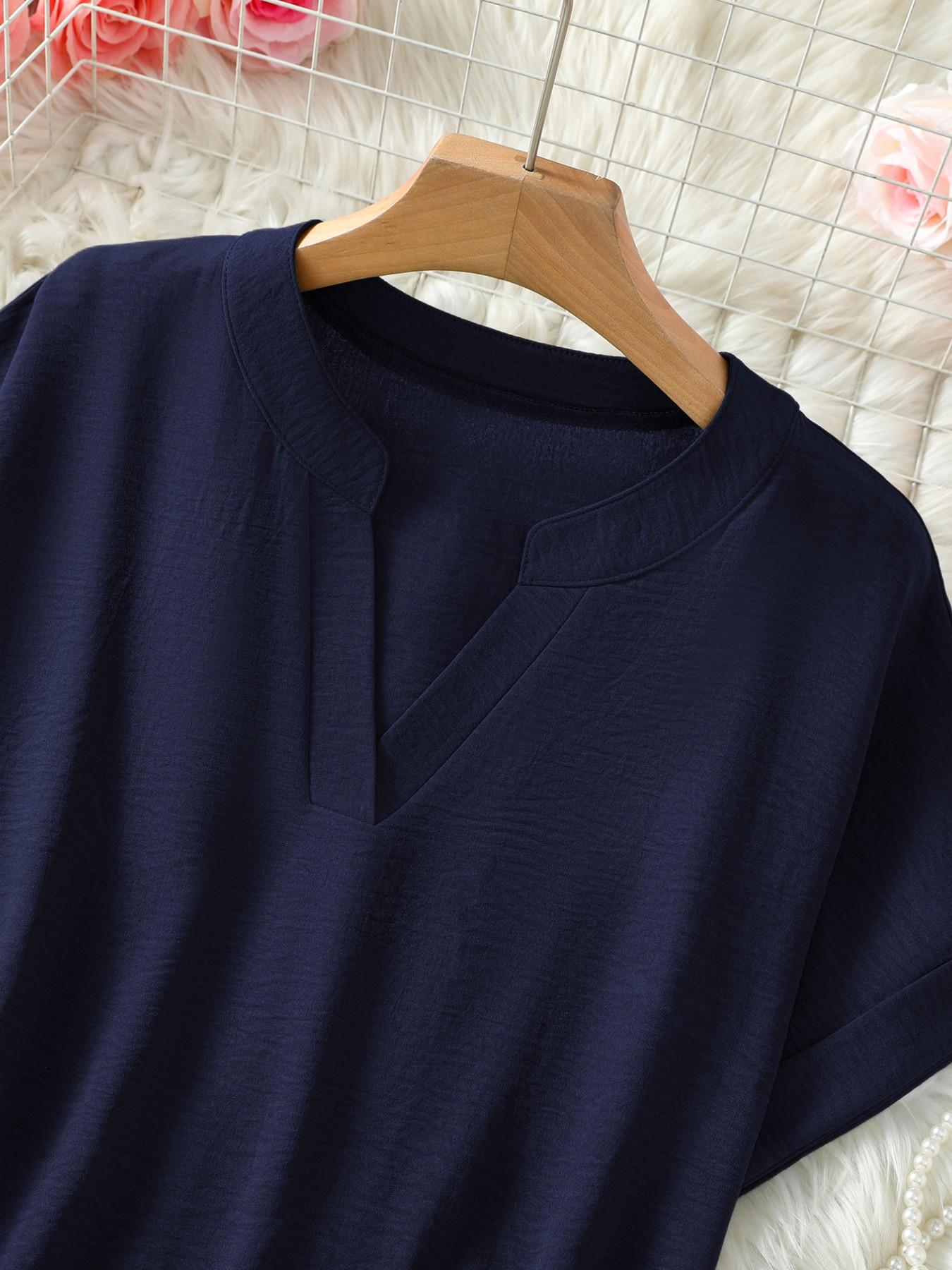 Women's Simple Vintage Solid V-Neck Short Sleeve Shirt Blouses, Casual Loose-Fitting Pullover, 100% Polyester, All Seasons Fashion Top