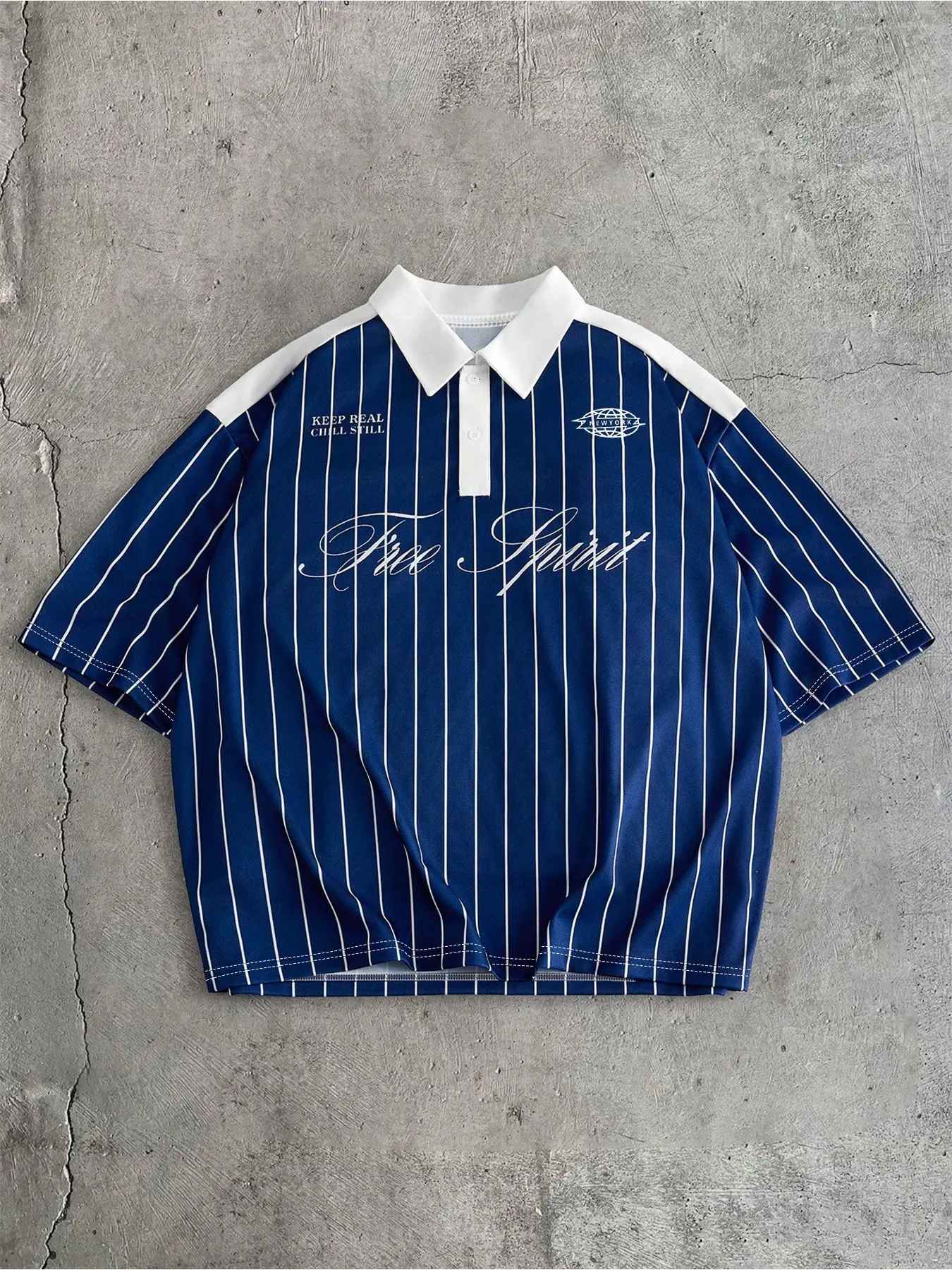 Klein Blue Vertical Stripe Short Sleeve Polo Shirt, American Vintage Baseball Style, Loose Fit Unisex Blouse, Casual Long Top