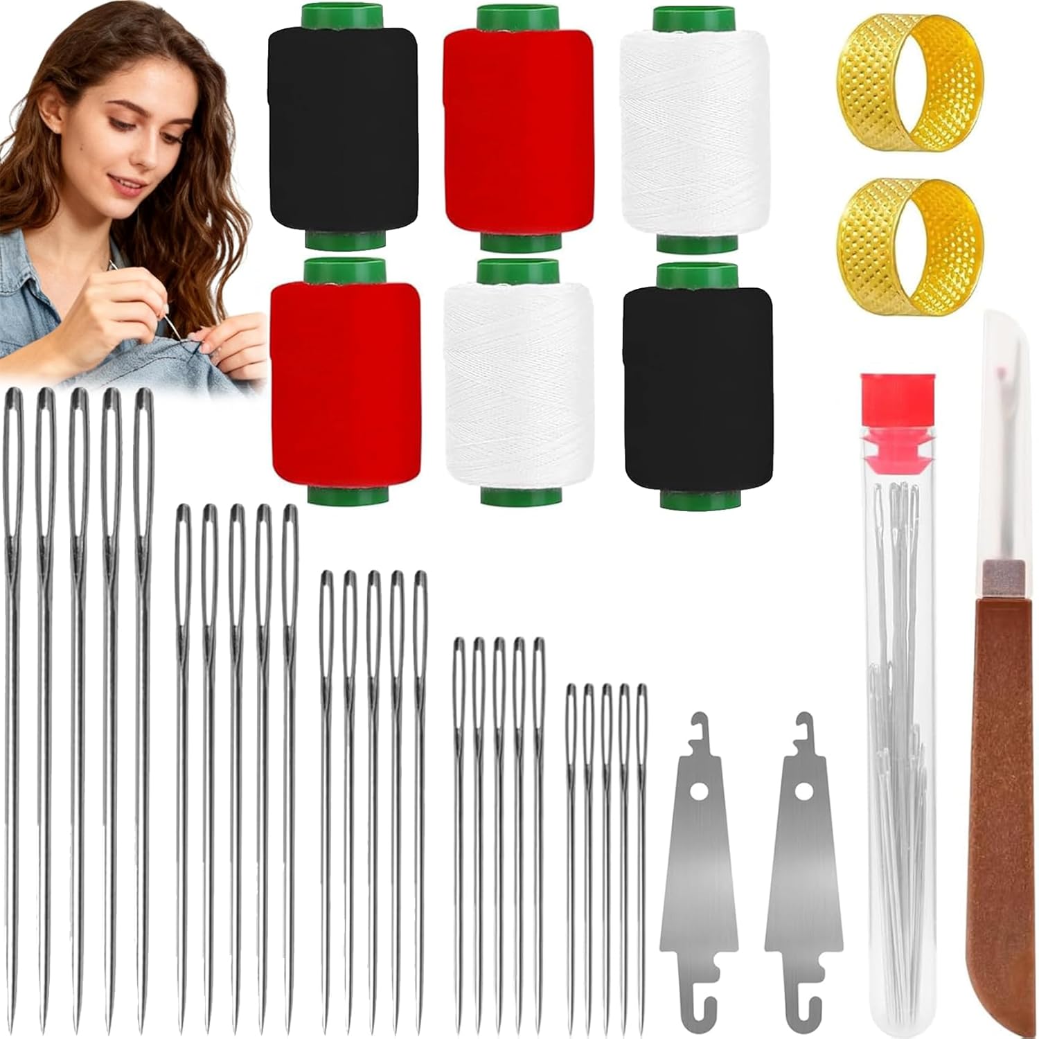 37Pcs Sewing Tool Set, Big Eye Steel Sewing Needle Kit, Threader and Needle Repair Kit Stainless Steel Needles for Hand Sewing, Needle Threader, Seam Ripper, Needle Crafts Kit