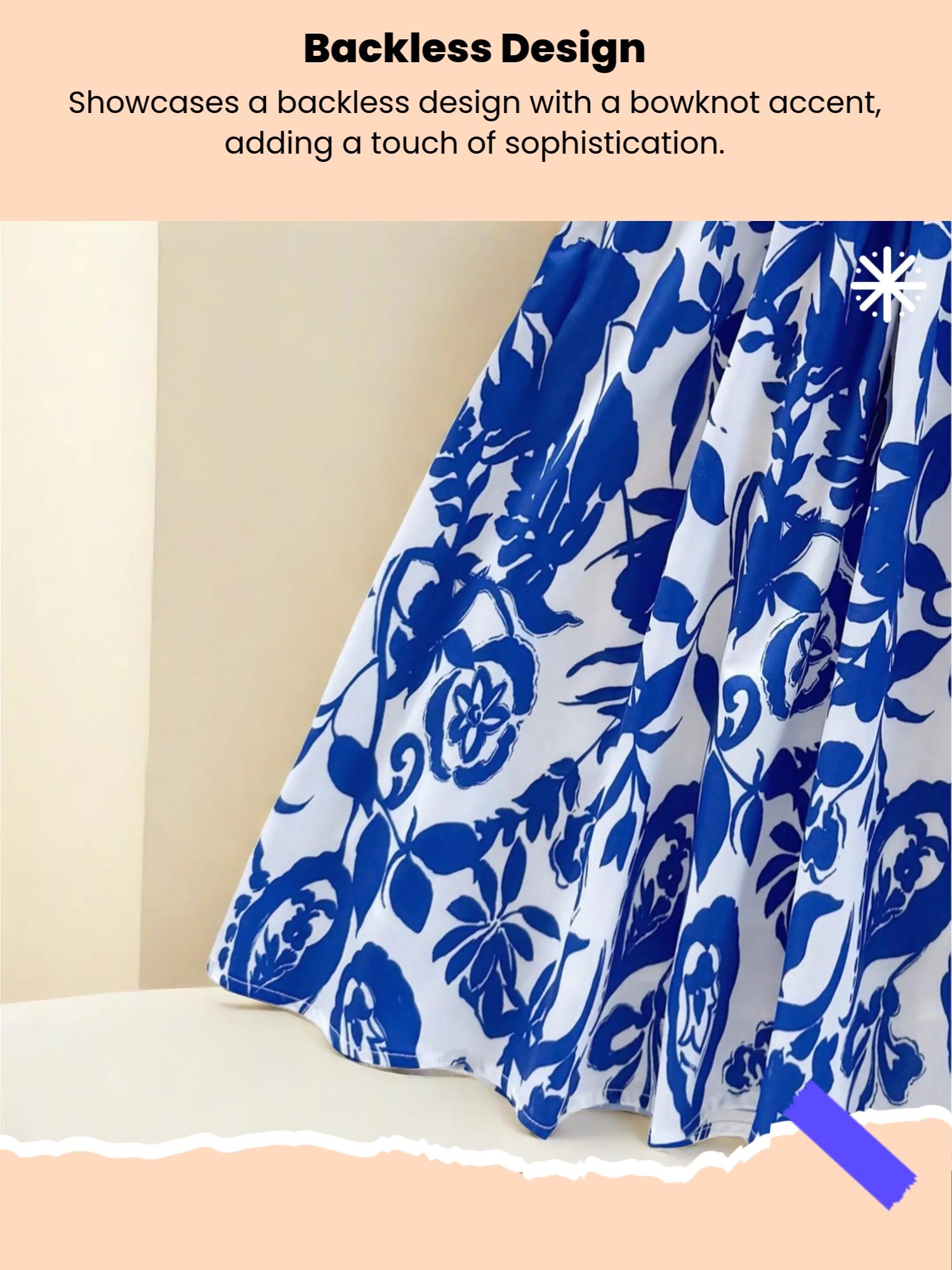 Women's Vacation-Style Blue & White Floral Print Deep V-Neck Backless Bowknot Back Ruffle Hem Dress, Suitable For Weddings, Graduations, Back To School, Cute Lunch, Sexy Bachelorette, Summer