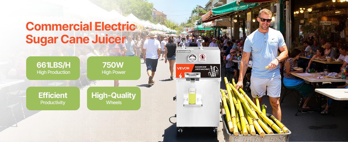 VEVOR Commercial Sugar Cane Juicer, 750W Electric Sugarcane Juicer Machine with 661LBS/H High Output, 3 Stainless Steel Rollers, Sugarcane Juice Press Extractor Squeezer on Wheels for Home/Commercial