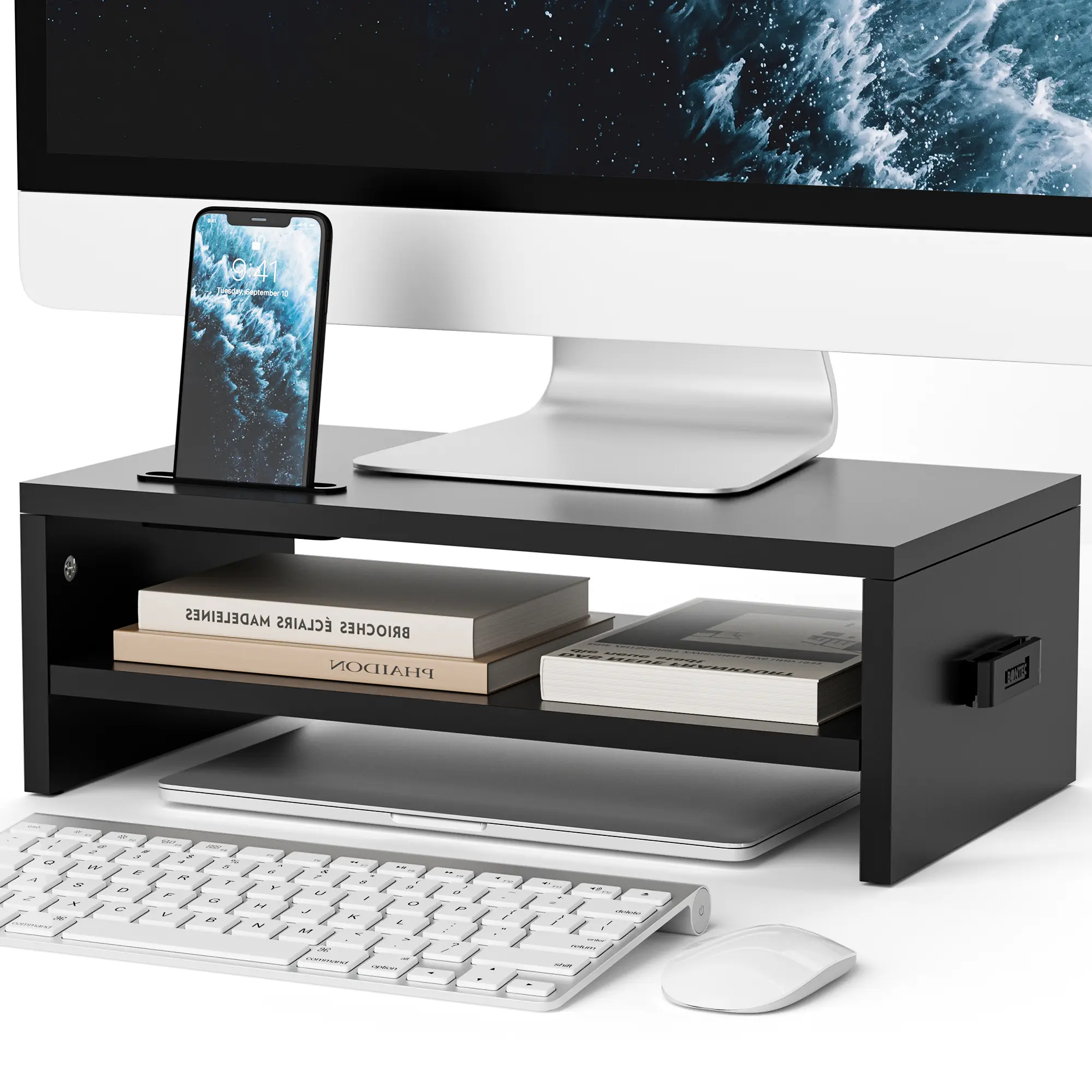 BONTEC Wooden 2-Tier Monitor Stand Riser with Desk Shelf Organizer, Desktop Computer Stand for Home and Office Workspace