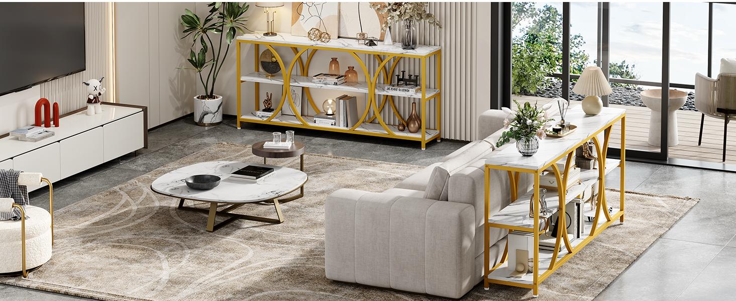 【SPOTLIGHT DAY】ONBRILL 70.8 inch Extra Long Entryway Table,Narrow Sofa Table Behind Couch with 3 Tier Storage Shelves for Hallway, Living Room,Console Table with Gold Frame & Faux Marble Tabletop
