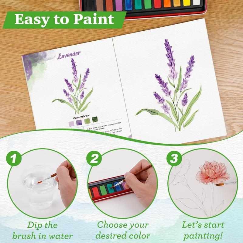 SkilLify Watercolor Flowers Workbook, Beginner Watercolor Paint Set, Flowers WaterColor Book, Arts & Crafts Coloring Book for Adults and Teens with 12-Color Paint Set & Brush, Valentine's Day gifts