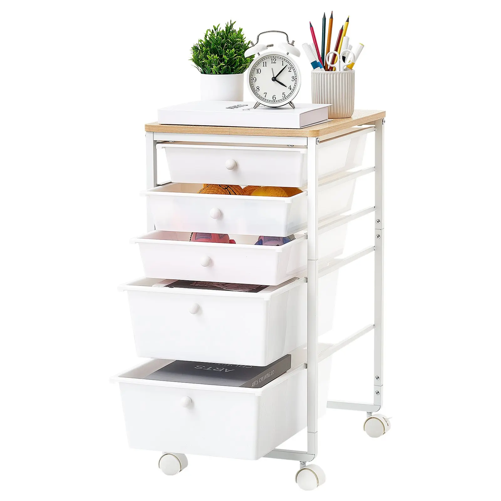 VEVOR Rolling Cart with Drawers, 5 Drawer Storage Organizer, Mobile Utility Cart with Wood Top, Steel Frame, Universal Casters 2 Brakes, for Office, Classroom, Craft Supplies, Bedroom, Makeup, White