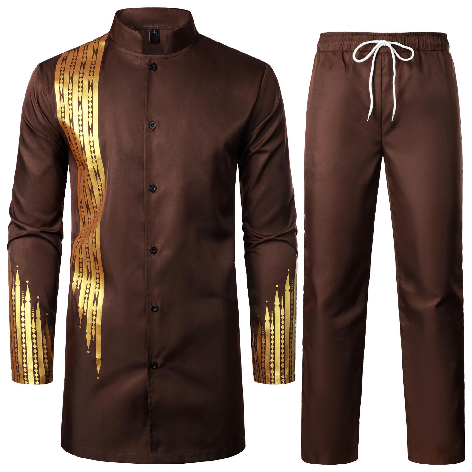 ZEROYAA Men's Traditional Suit Long Sleeve Button up African Dashiki Shirt and Pants Ethnic 2 Piece Outfit Clothes Cotton sets for men clothing men's 2 piece set Cardigan Breathable