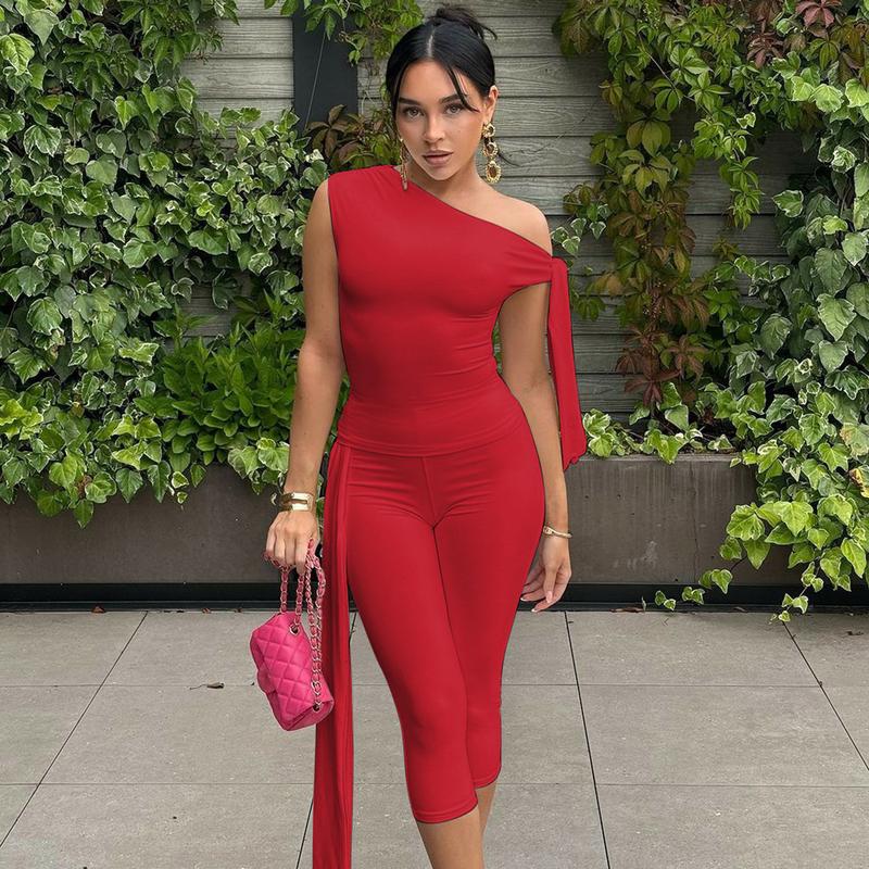 Solid Slanted Neck Lacing Design Sleeveless Top & High Waist Cropped Pants Two-Piece Set Women 2025 Summer New Casual Sexy with Ribbon Elegant Party Club Clothing Outfits