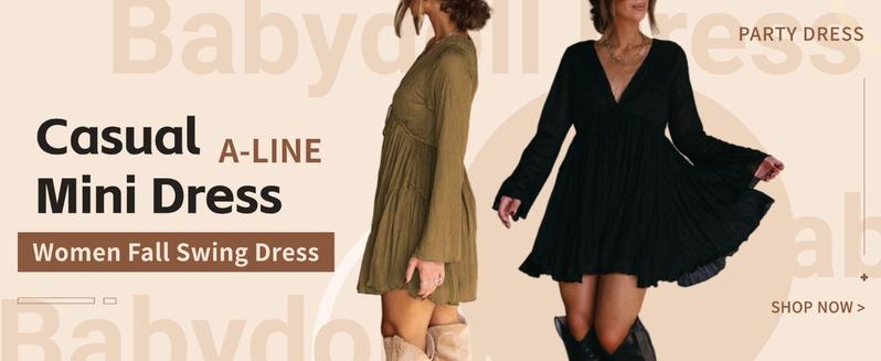 Women's V Neck Long Sleeve Dress with Pants Lining, Vintage Elegant Casual Spring Fall Mini Dress, Loose Fit Plain Pattern