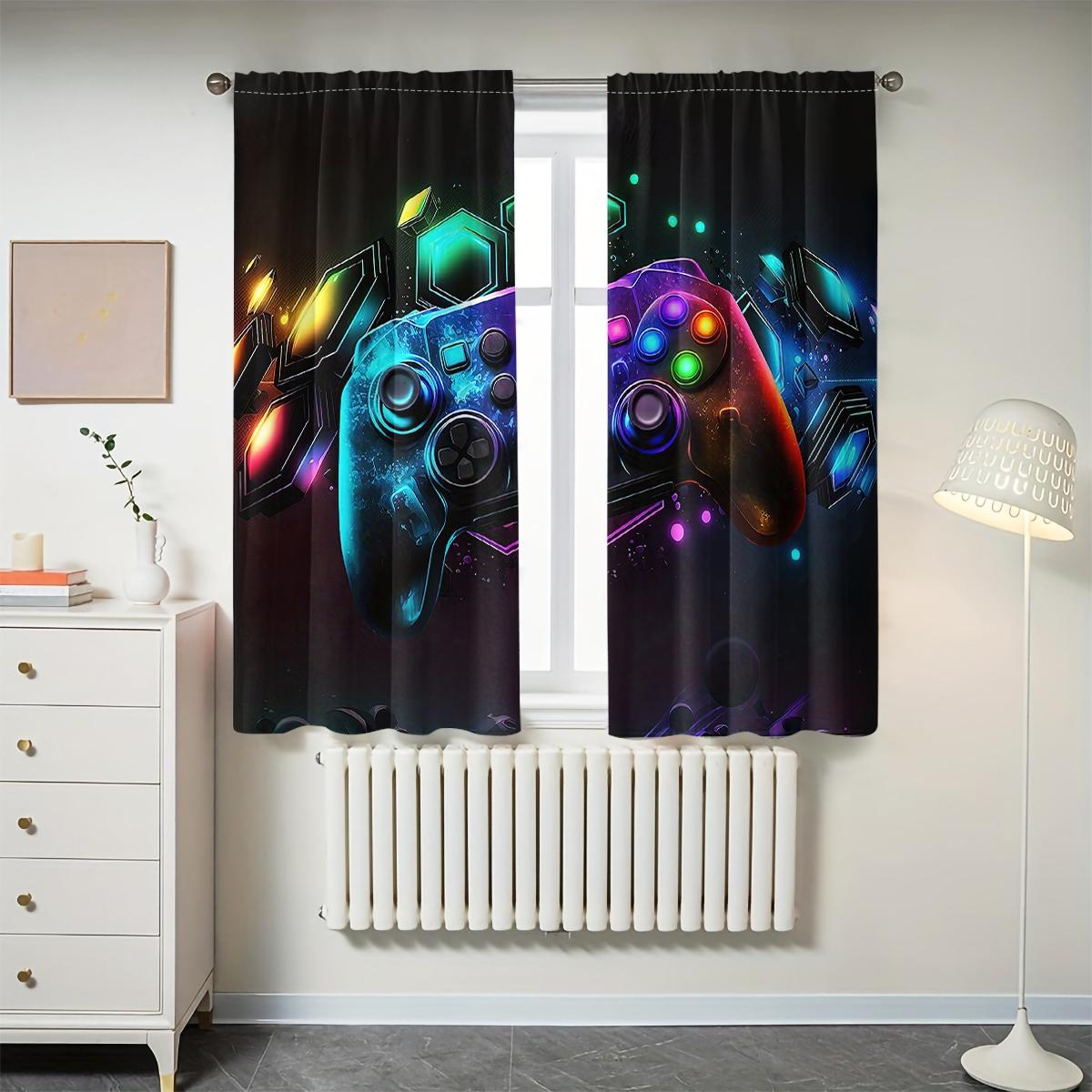 2 Piece Background Color Game Controller Print Curtains, Semi-Transparent Polyester Fiber, Rod Pocket Design