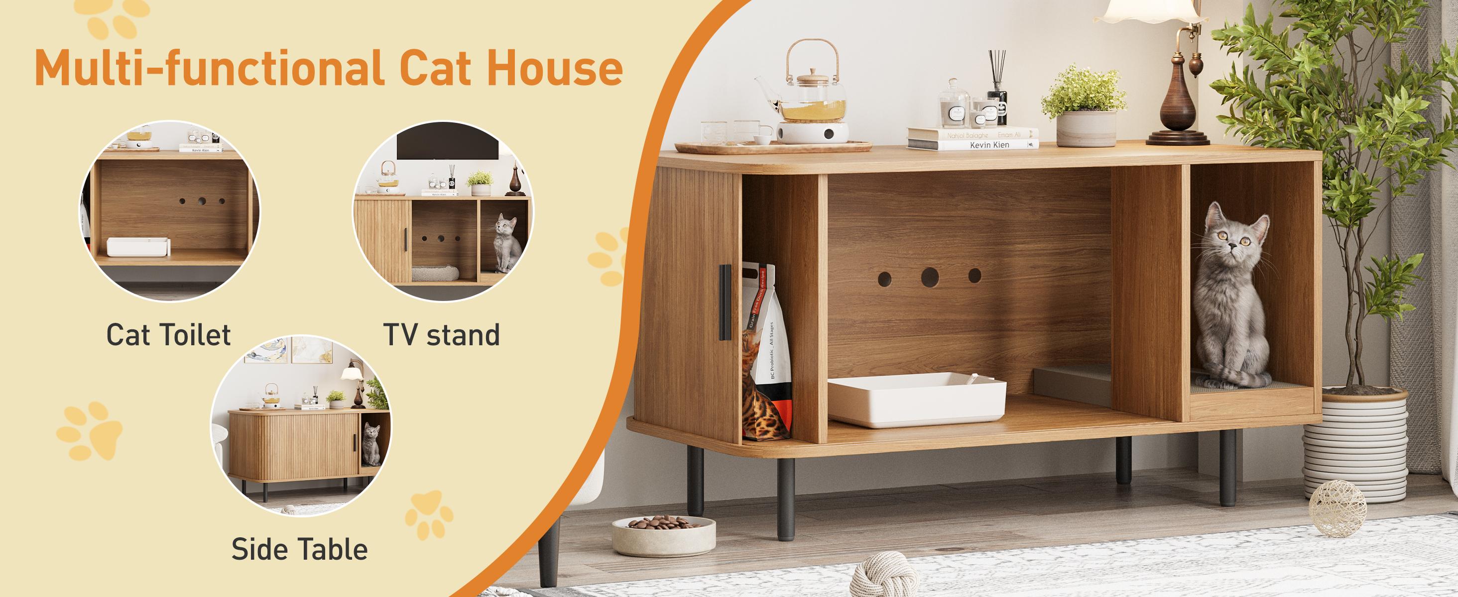 Vabches Cat Litter Box Enclosure with Cat Scratch Pad, Sliding Door, 37.4" Litter Box Enclosure Furniture Hidden Litter Box, Modern Indoor Cat House, TV Stand, Side End Table for Living Room