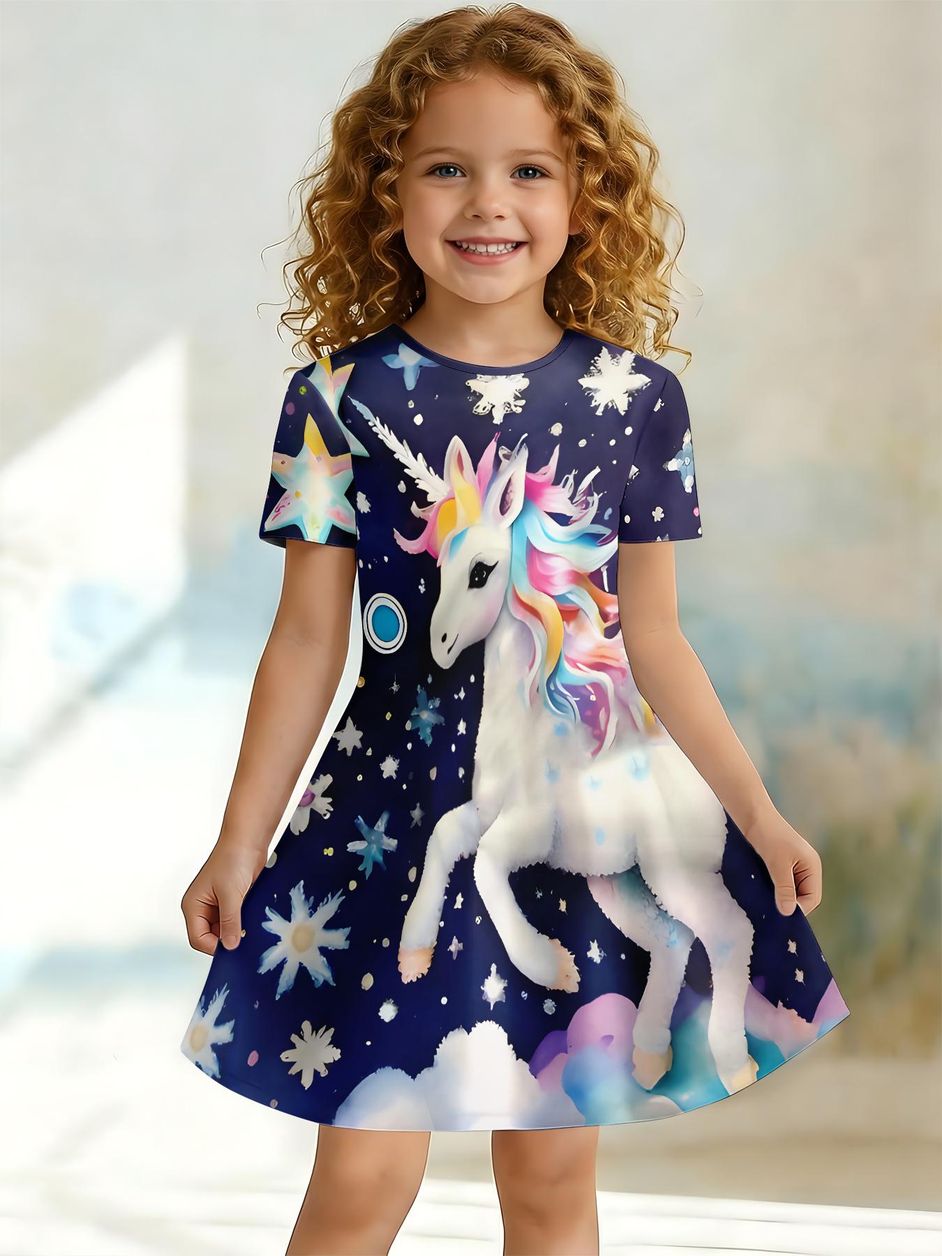 Girls Summer Starry Sky Unicorn Print Dress, Kids Dreamy Snowflake Crew Neck Short Sleeve A-Line Dress