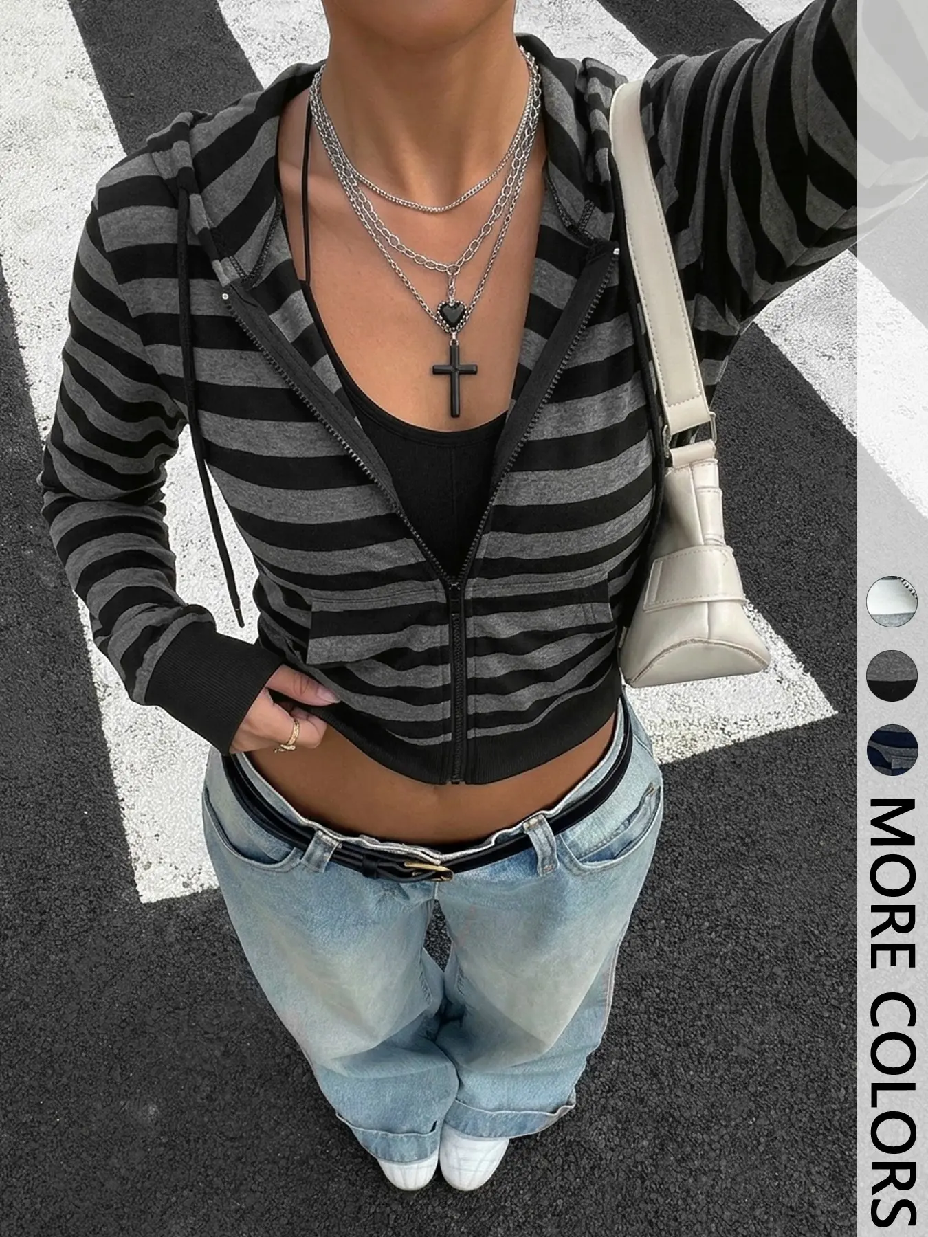1 Piece Women Horizontal Stripe Zip Up Hooded Cropped Jacket, Drawstring Hood Front Pocket Relaxed Casual Outer Coat
