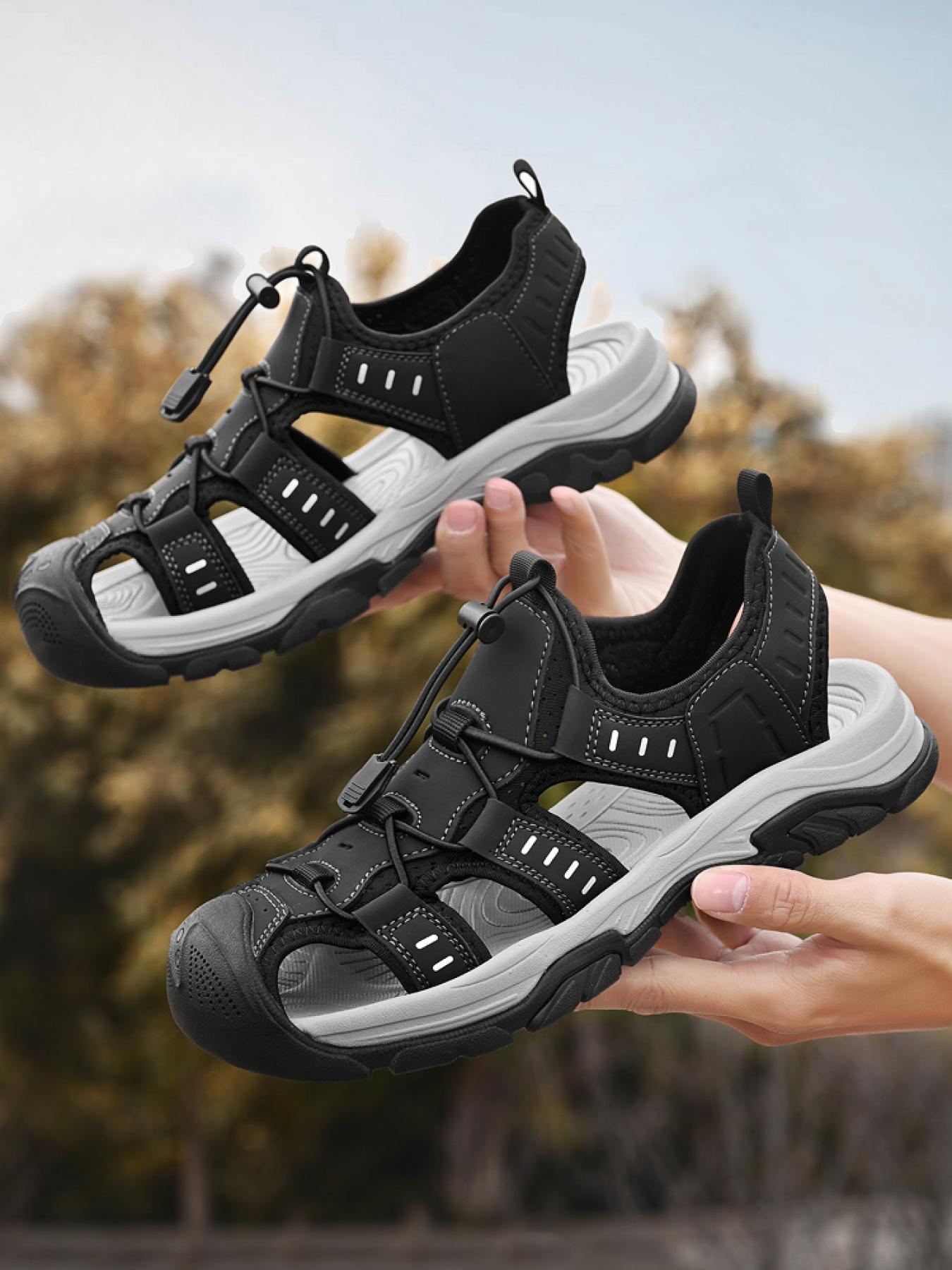 Men's Black and White Drawstring Closed-Toe Outdoor Sandals Thick-Soled Non-Slip Hollow-Out Water Shoes Breathable Durable Beach Hiking Shoes