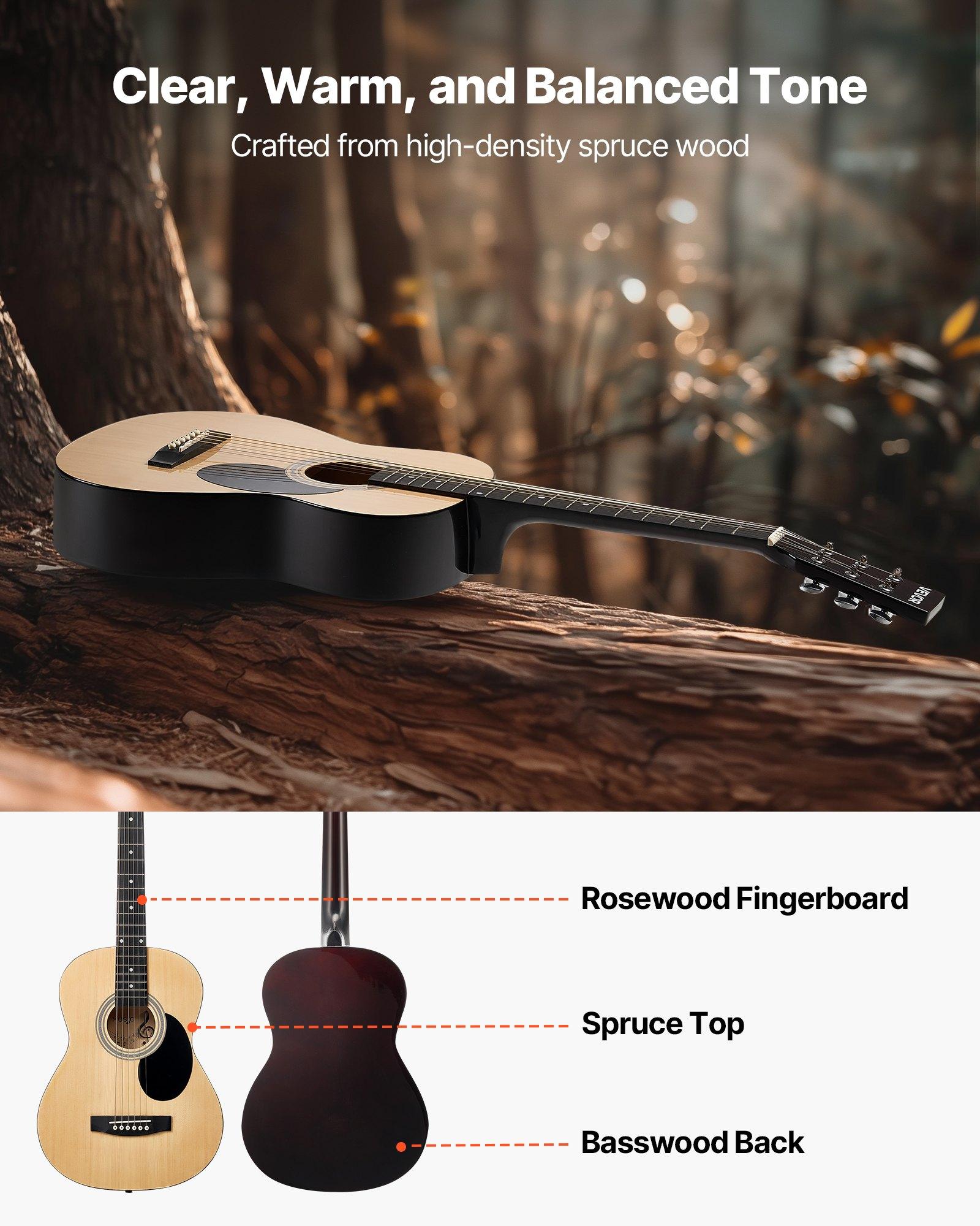 VEVOR Dreadnought Acoustic Guitar, 39 in, 6-String Natural Solid Spruce Top Guitar, Portable Bundle with Gig Bag, Tuner, Strap, Steel Strings, Picks, Capo, Rosewood Fingerboard, for Beginner Adults