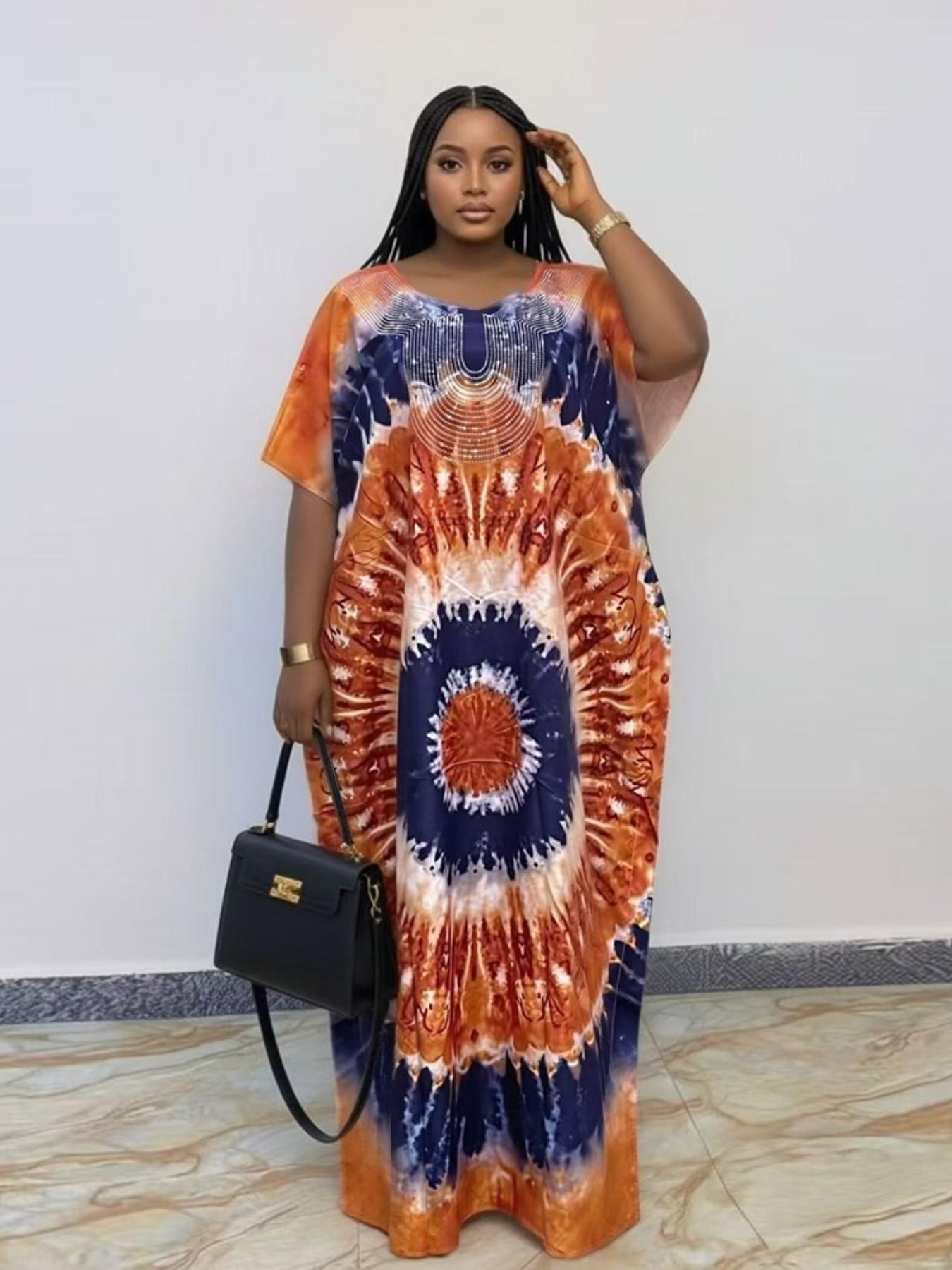 African Tie-Dye Embroidered Boubou Kaftan Long Dress, Traditional Clothing, Casual Daily Wear, Loose Fit, Plus Size, Vacation Style
