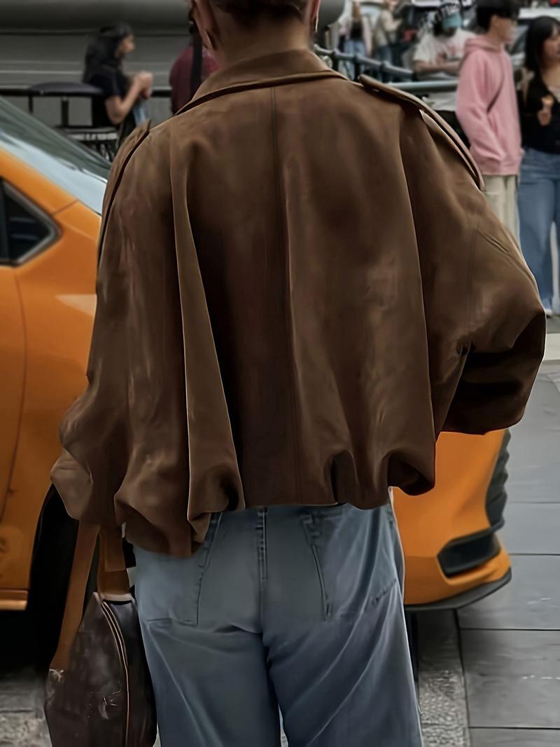 Women's Fall Winter Loose Fitted Suede Jacket, Short Batwing Sleeve Bomber Coat, Plain Leather Look Top, Zipper Neckline, Long Sleeve Vintage Style