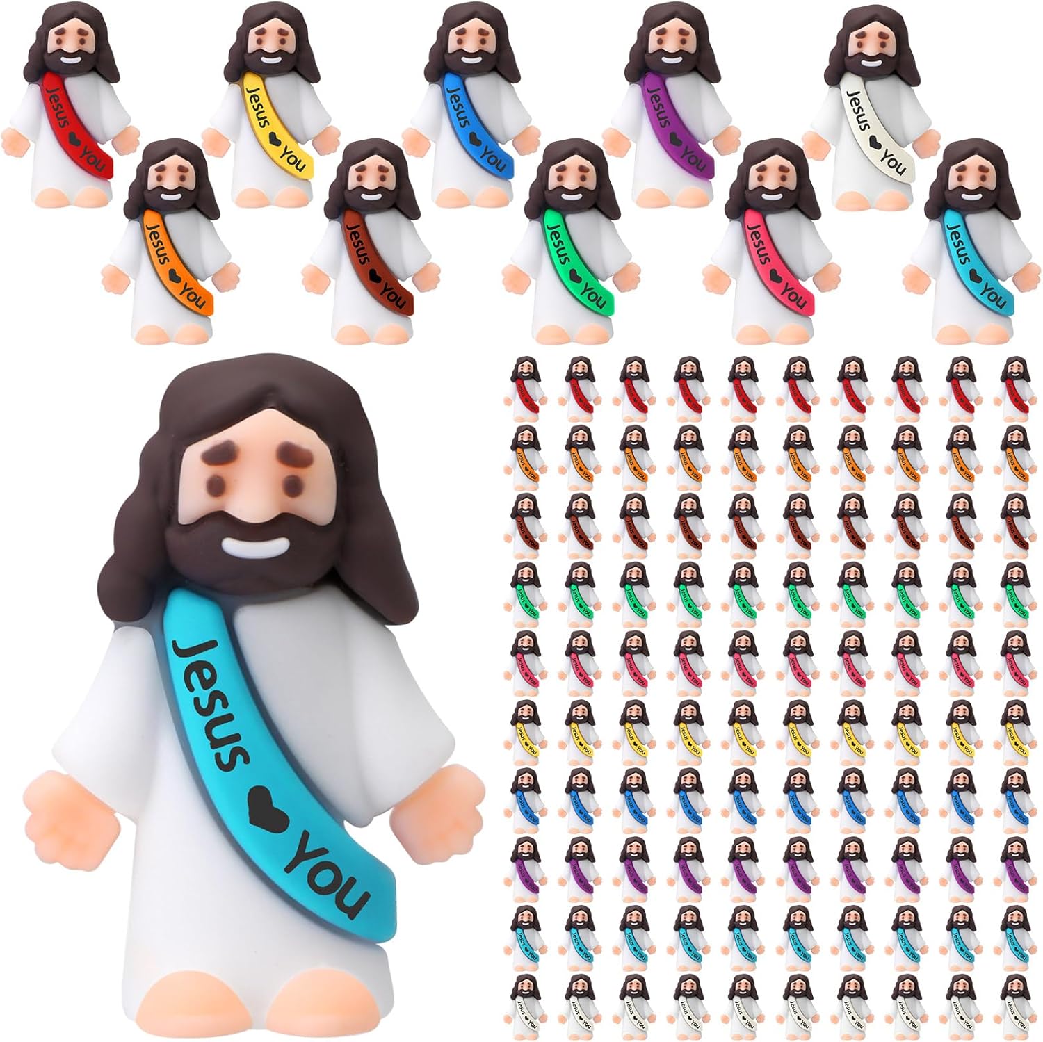 60pcs Mini Jesus Figures Jesus Love You Mini Rubber Toys to Hide and Seek Religious Party Favors Sunday School Baptism Gifts(Lively Colors)