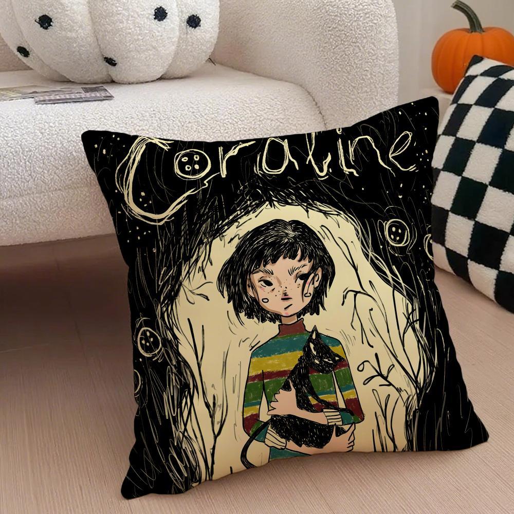 anime hot cute Coraline Pillow Case Anti-dustmite Pillowcase Sofa Cushion Cover with Invisible Zipper Silky Short Plush Polyester Microfiber Fabric White Available in Different Sizes for Home Bed Use