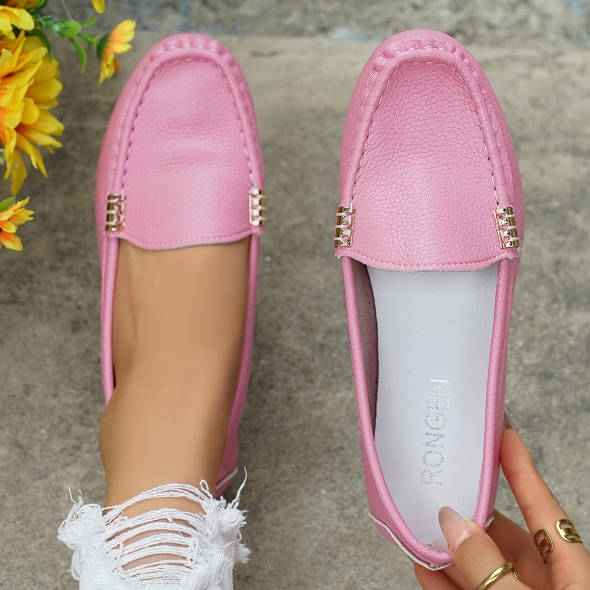 Women's Classic Plain Low Heel Shoes, Fashionable and Sexy, High-End Slant Metal Chain Decoration, Comfortable Casual Loafers, Slip On Shoes