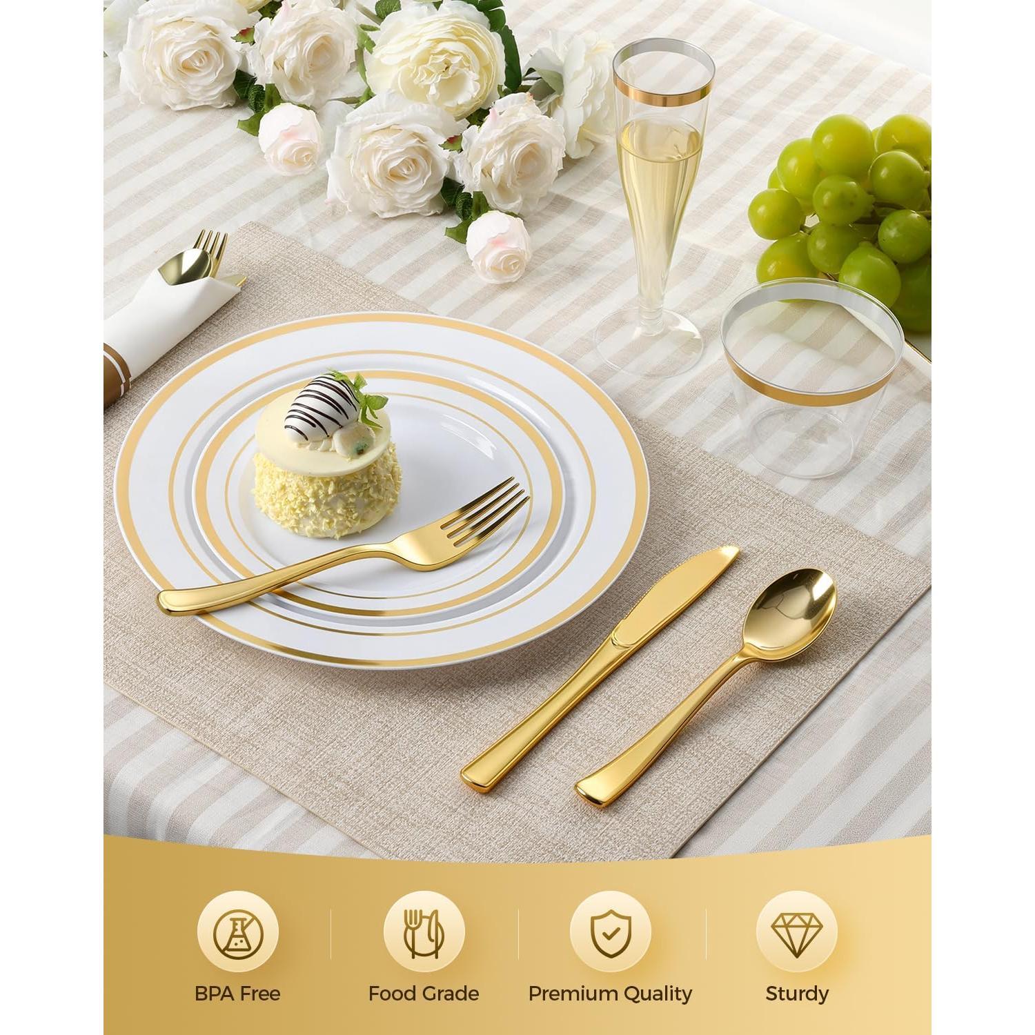 200 count Disposable  Party Plastic Plate Sets for 25 Guests | Include 25 Dinner Plates, 25 Dessert Plates, 25 Napkins with Silverware, 25 Cups, 25 Champagne Glasses, for Party, Wedding