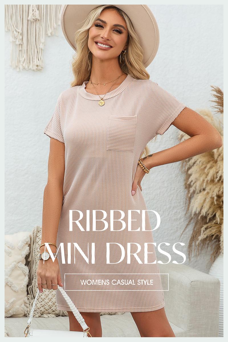 EVALESS Women's Casual Summer Dress Outfits,Crewneck Short Sleeve Color Block Mini Dress,Ribbed Knitwear Slim Fit Rose Red Dress,2026 Trendy Womenswear Outdoorfun