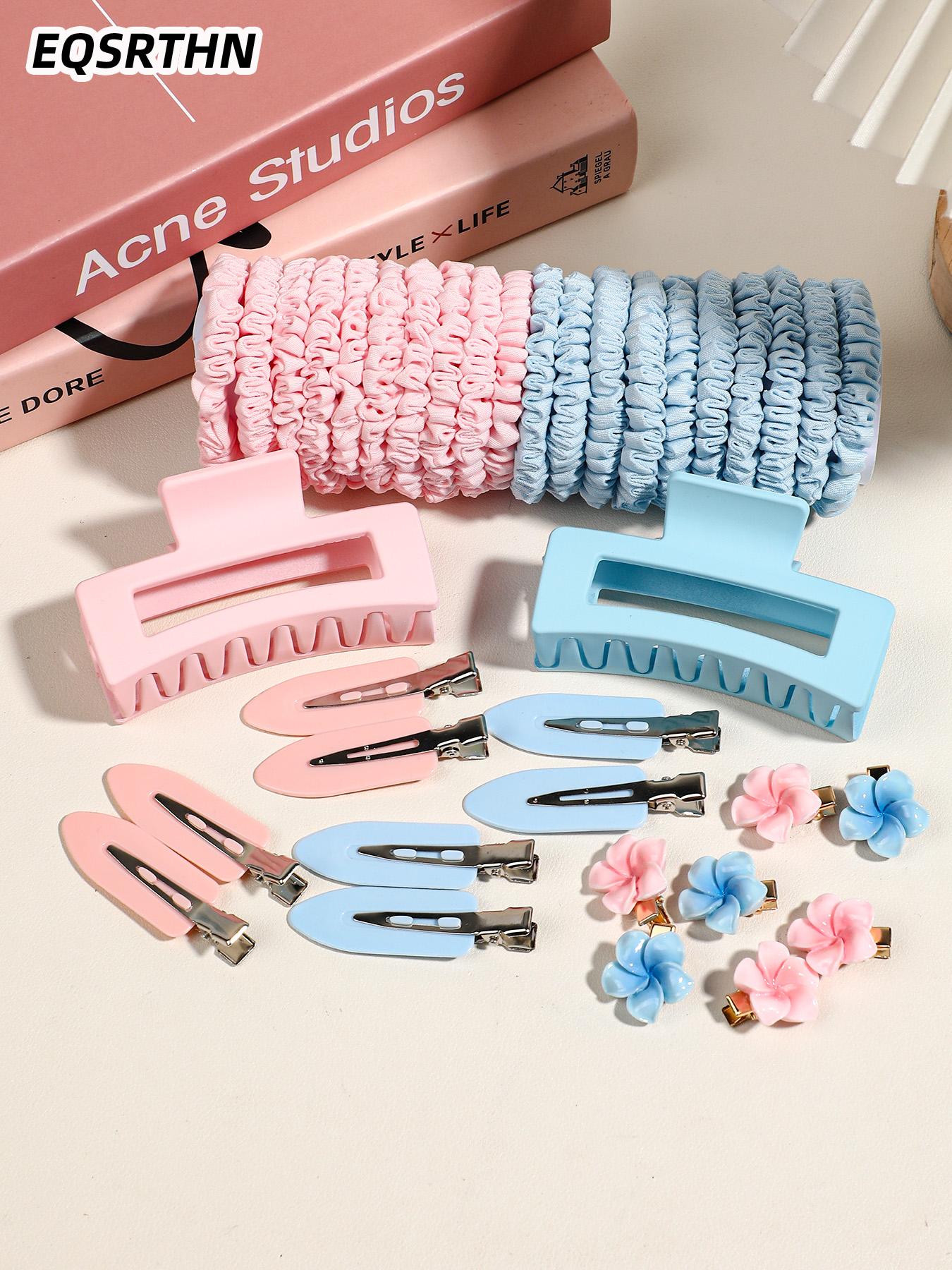 37pcs powder blue hair ring hairpin set, hair ring resin egg flower small hairpin seamless clip square clip, Macaron powder blue hair accessories set, ladies daily commute appointment