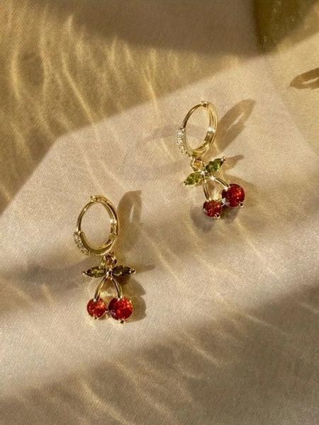 Cute Cherry Design Earrings with Rhinestones, Sparkling Small Hoops for Women, Perfect for Daily Wear, Dates & Gifts