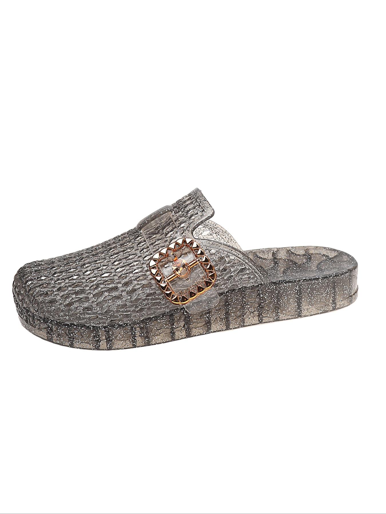 Women's 2026 Trendy Crystal Cut-Out Half-Enclosed Sandals, Thick Sole Metal Buckle Soft Bottom, Summer Beach Vacation Fashion Slippers