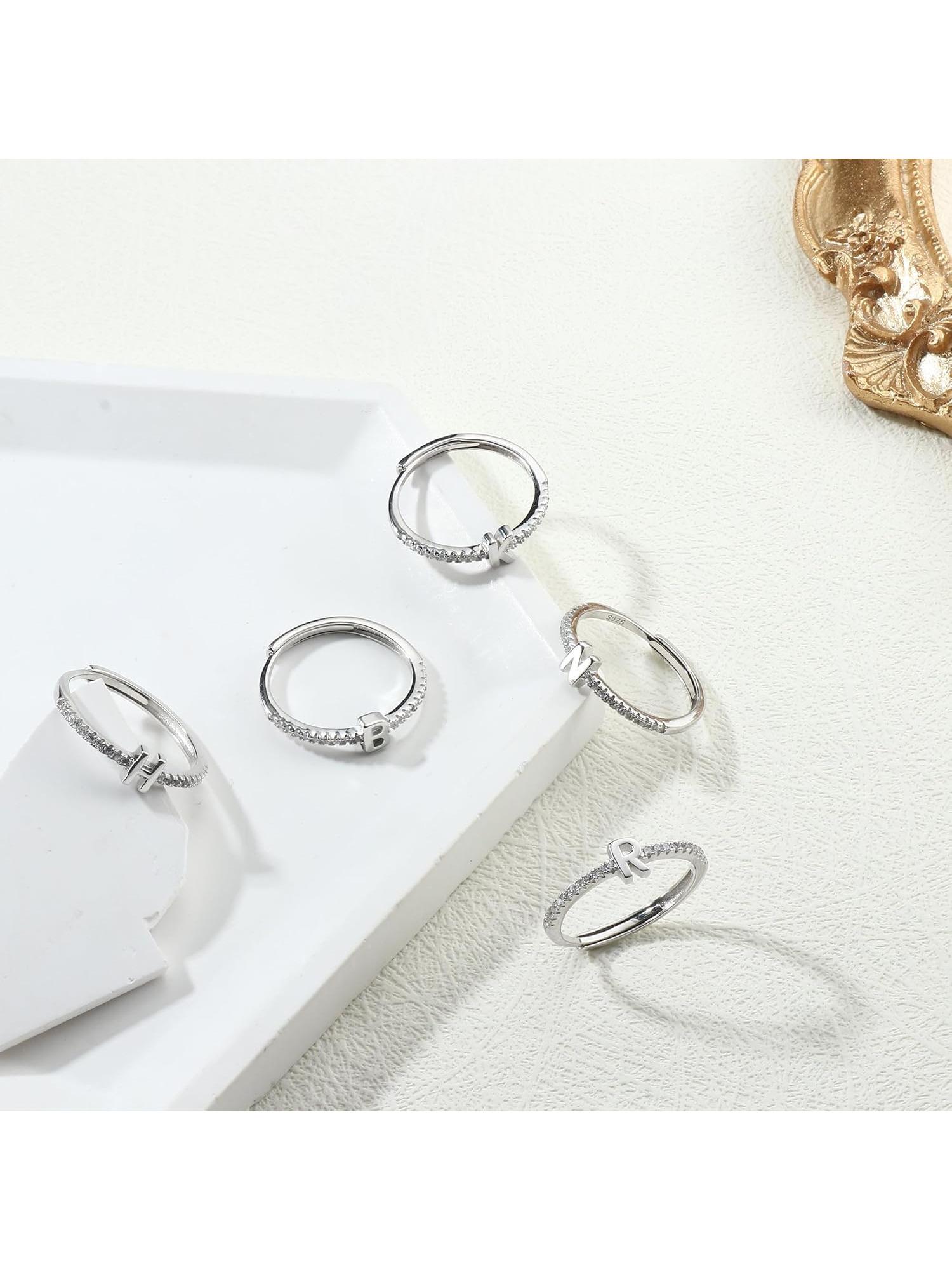 1 Pc S925 Sterling Silver Initial Rings for WAdjustable Silver Gomen, Old Plated Stackable Rings for Women Letter Initial CZ Rings Alphabet Elegant Everyday Ring