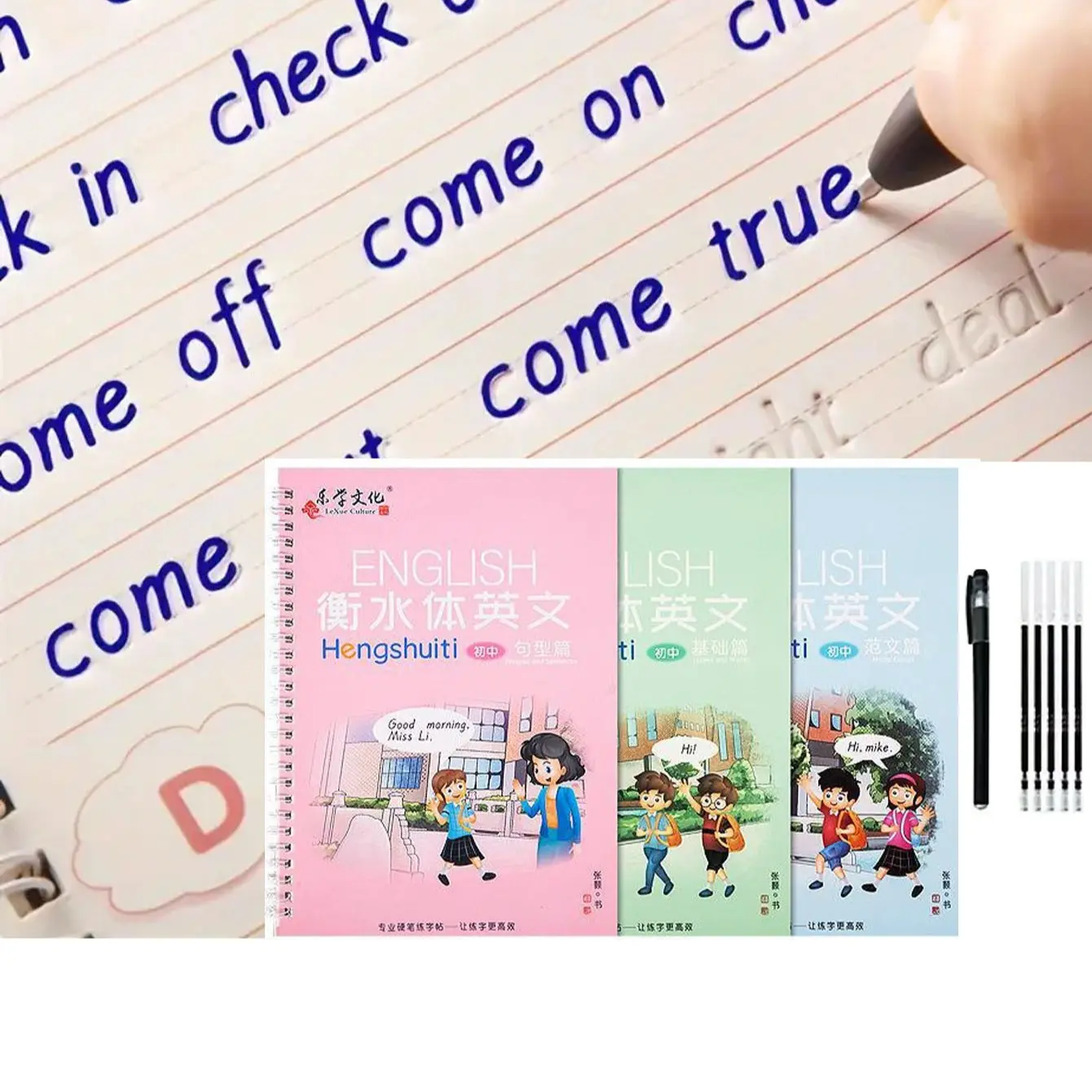3 Books English Cursive Practice Workbook, Reusable 3D Groove Writing Book, Handwriting Calligraphy Guide, Alphabet Words, Full Score Essays